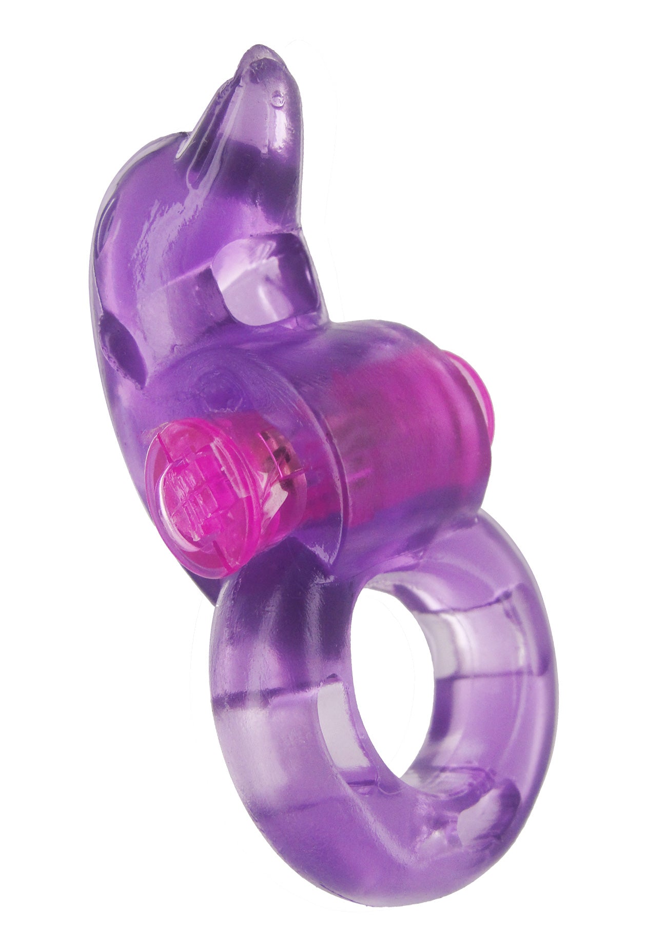 FlippHer Vibrating Cock Ring in purple, featuring a dolphin nose for stimulation and made from soft jelly material.