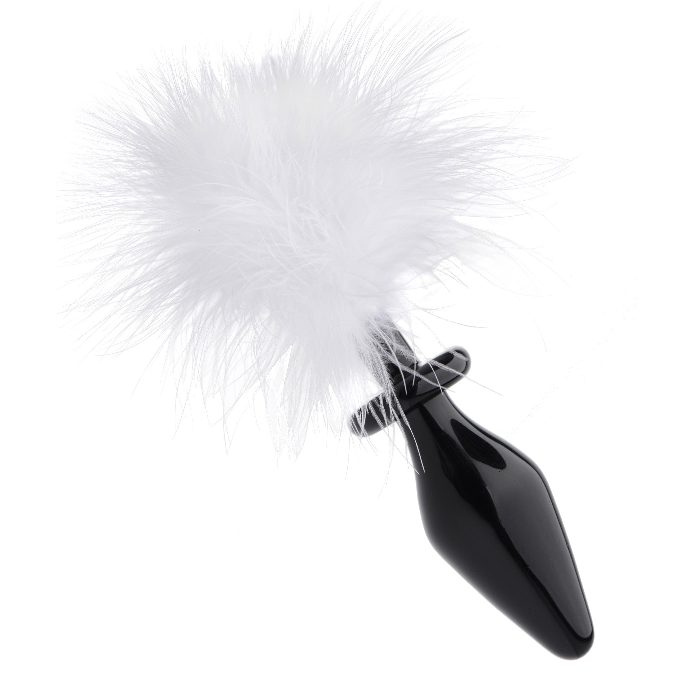 Fluffer Bunny Tail Glass Anal Plug featuring a smooth glass body and a fluffy feather tail, designed for playful and flirty intimate experiences.