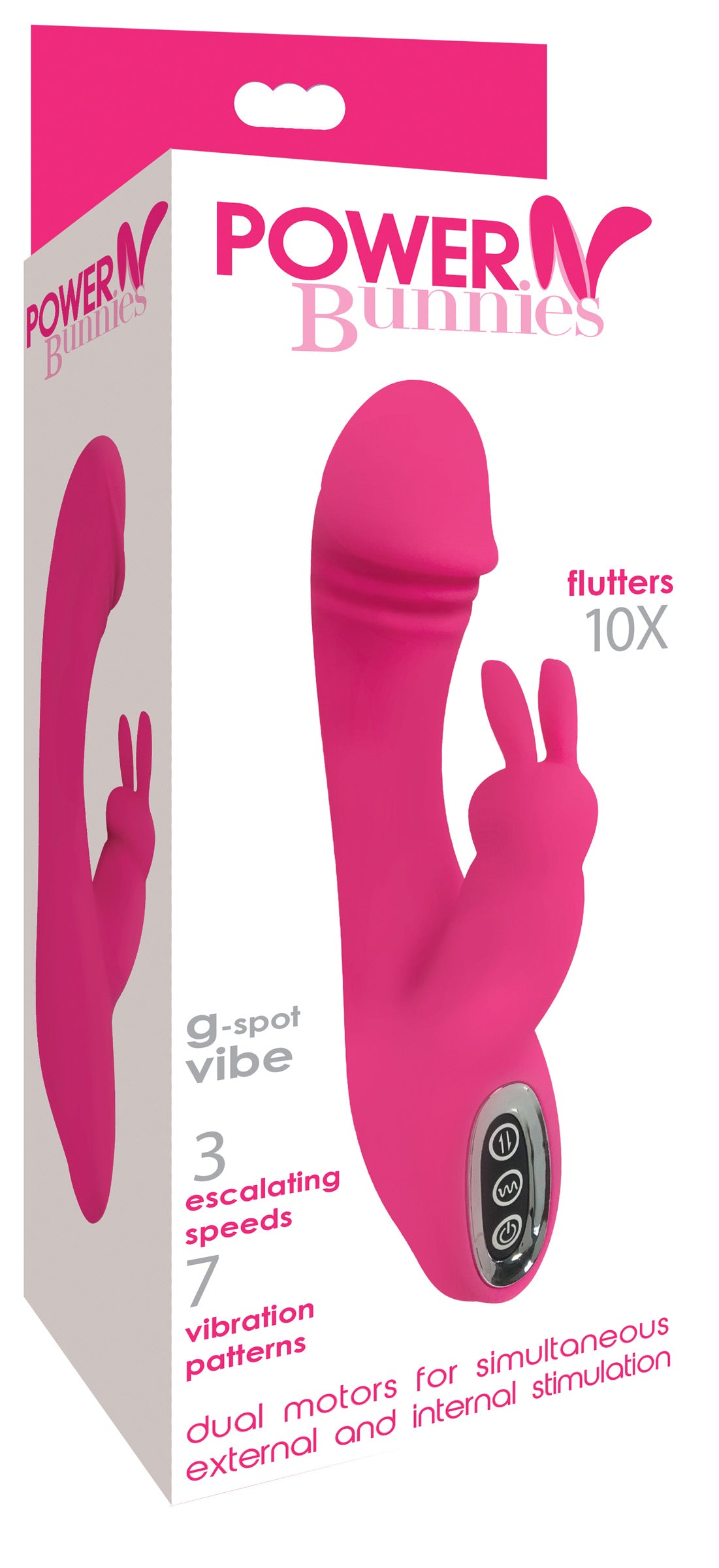 Flutters 10X Silicone Rechargeable Vibrator in pink with ergonomic design and bunny clitoral stimulator.