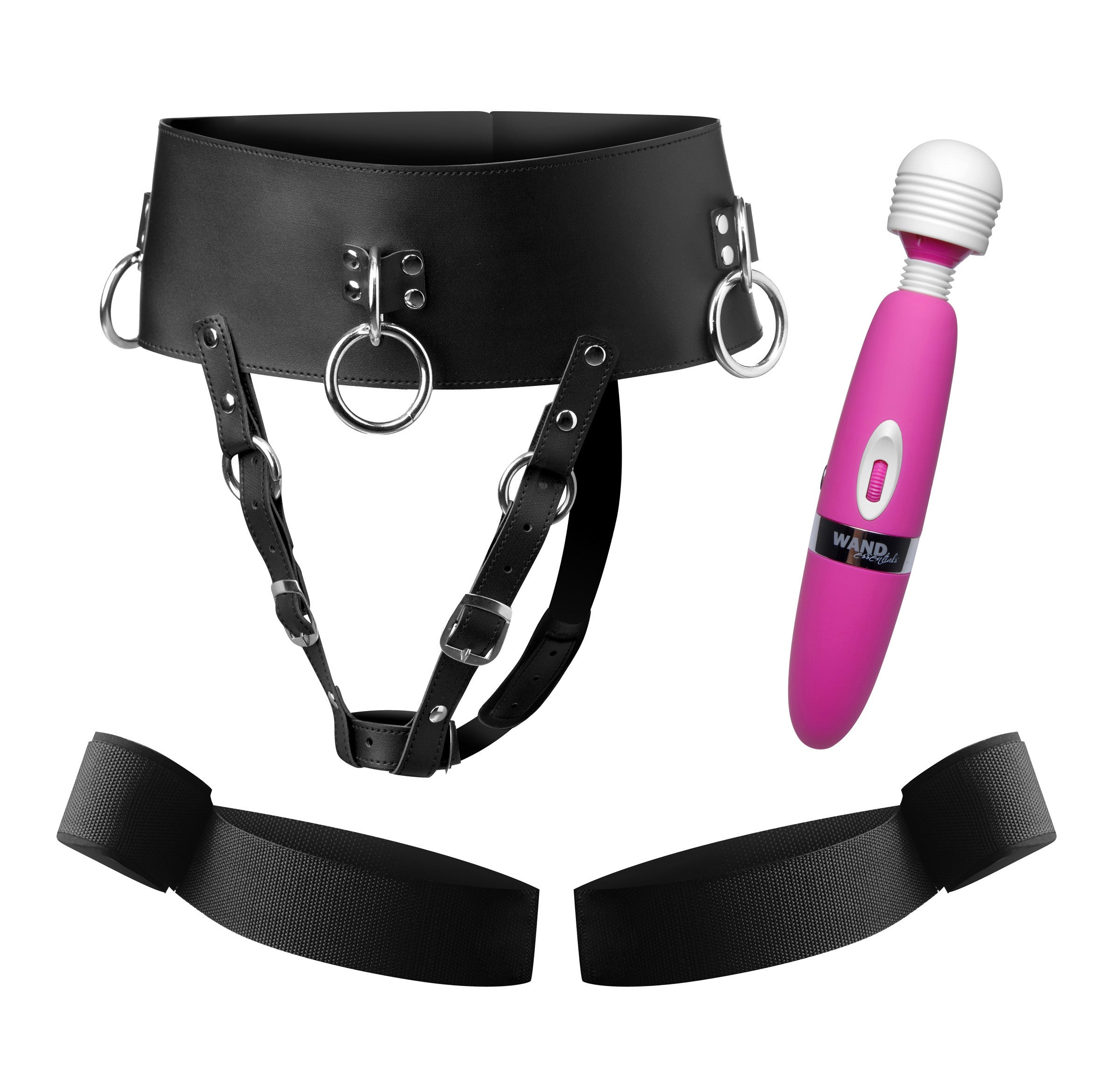 Forced Orgasm Belt and Wand Restraint Kit featuring a pink harness and a cordless vibrating wand for intense pleasure.