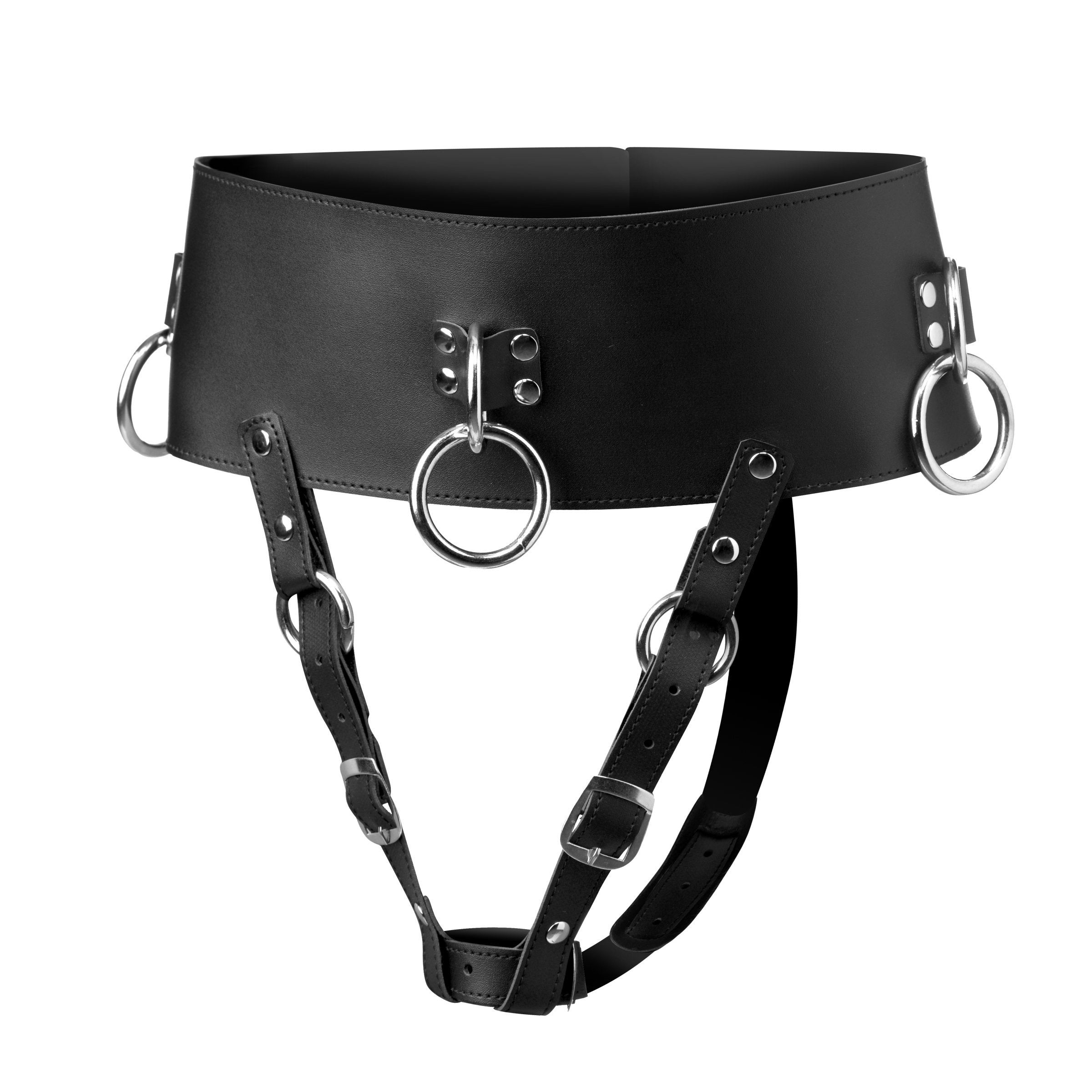 The Forced Orgasm Belt featuring adjustable straps and metal O rings, designed for enhanced pleasure and restraint.