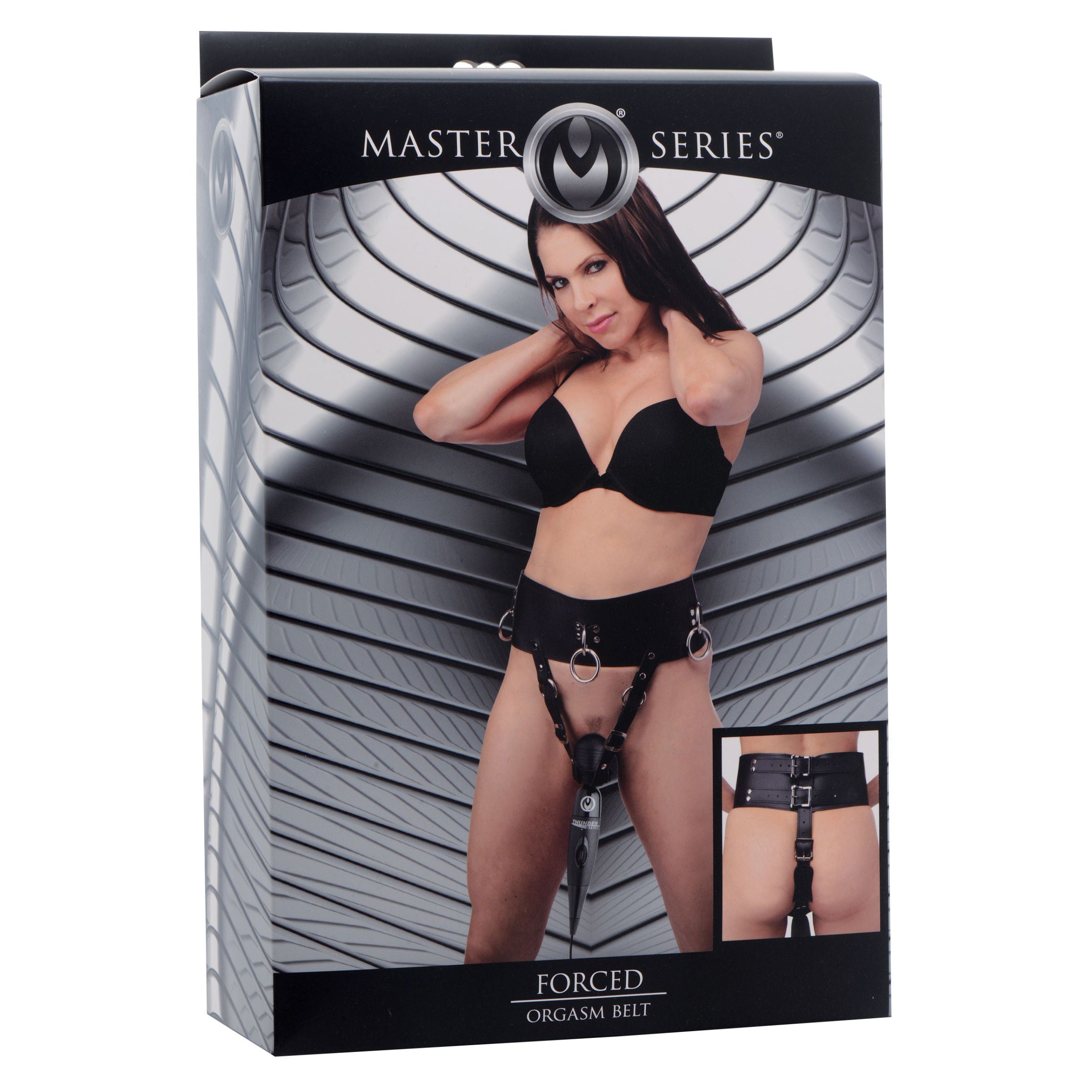 The Forced Orgasm Belt featuring adjustable straps and metal O rings, designed for enhanced pleasure and restraint.