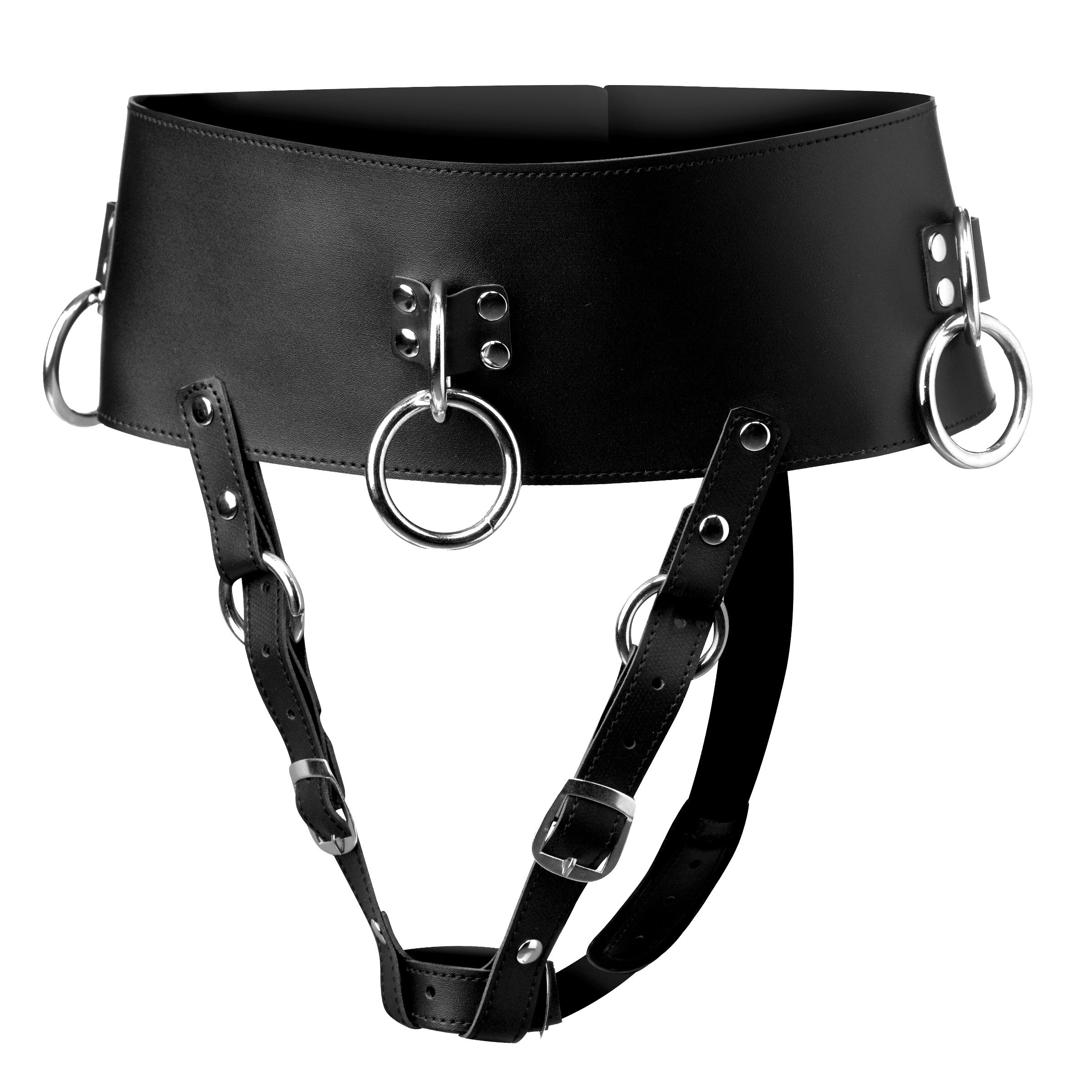 Forced Orgasm Wand Holder Belt with adjustable straps and O-rings for bondage accessories, made of soft PU leather in black.