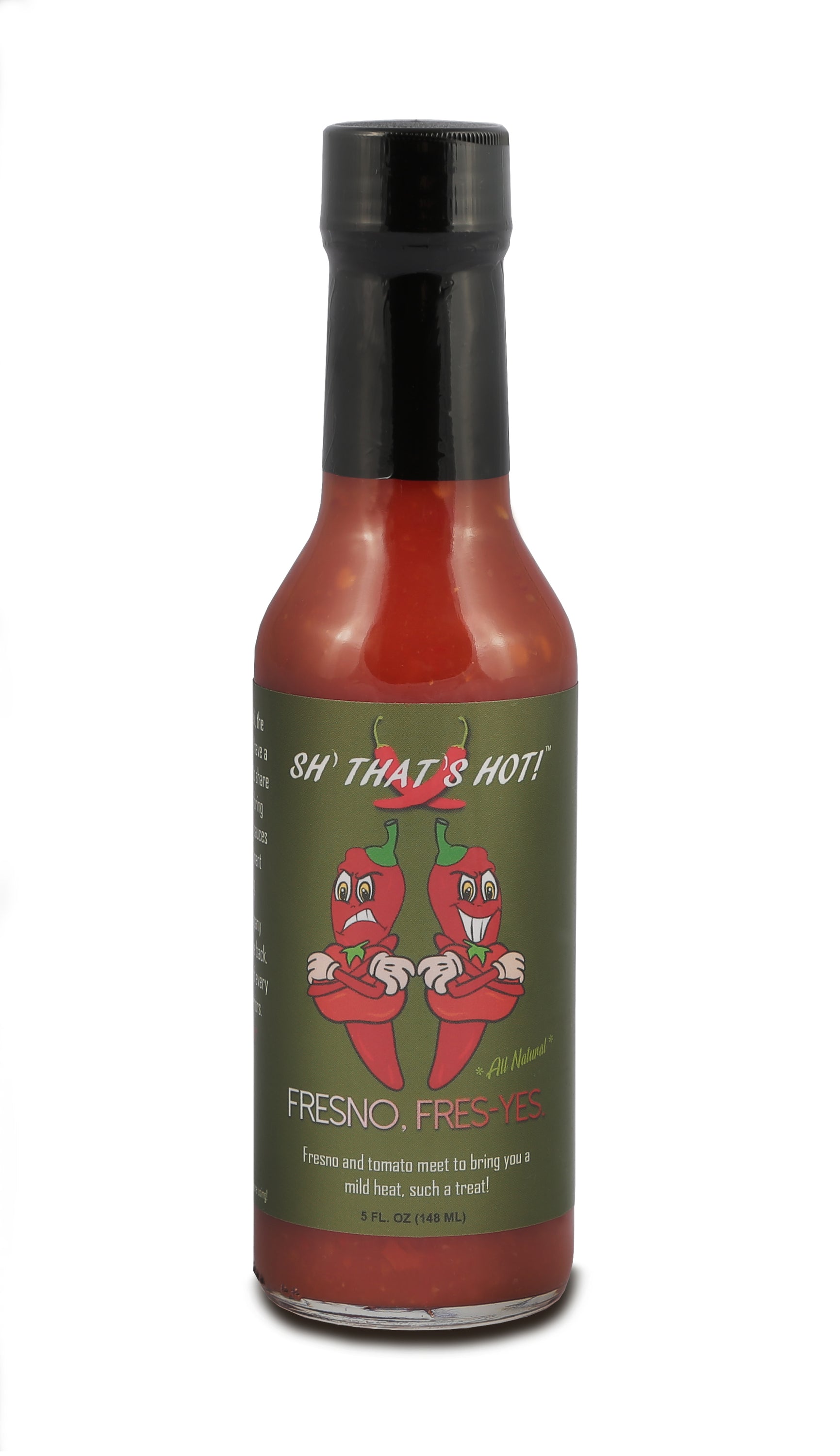 A bottle of Fresno, Fres-Yes. hot sauce featuring a vibrant label with Fresno peppers and tomatoes, showcasing its mild heat and rich flavor.