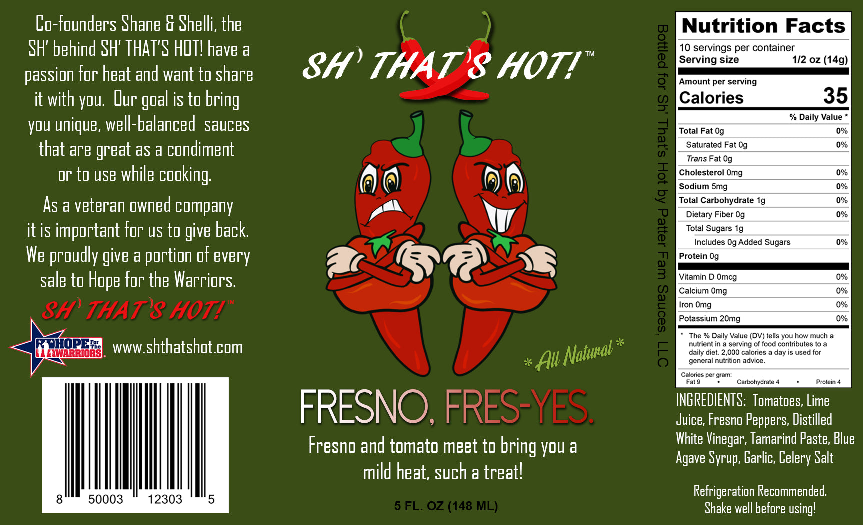 A bottle of Fresno, Fres-Yes. hot sauce featuring a vibrant label with Fresno peppers and tomatoes, showcasing its mild heat and rich flavor.