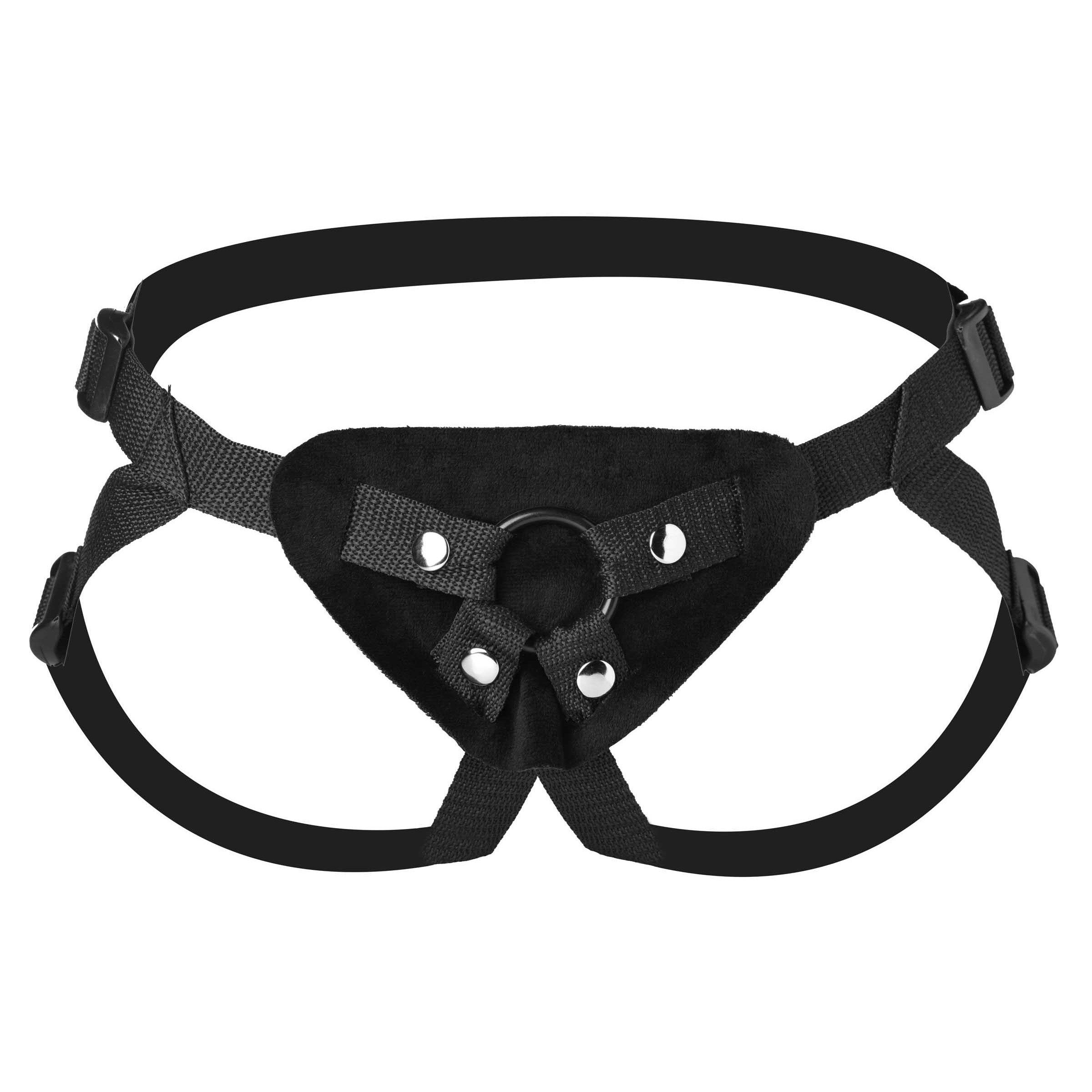 Frisky Adjustable Strap On Harness in black, featuring adjustable straps and three O-ring sizes for versatile use.