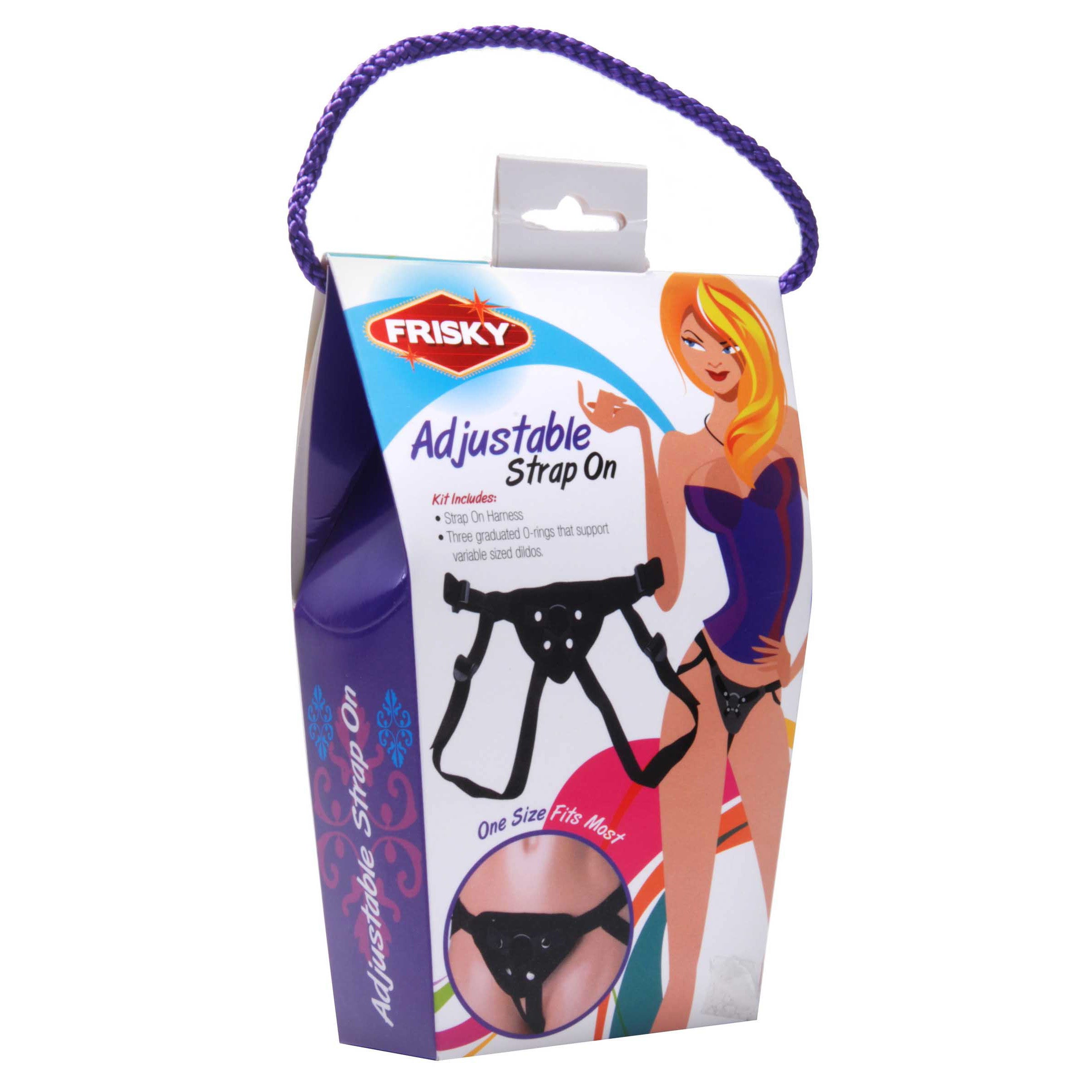 Frisky Adjustable Strap On Harness in black, featuring adjustable straps and three O-ring sizes for versatile use.