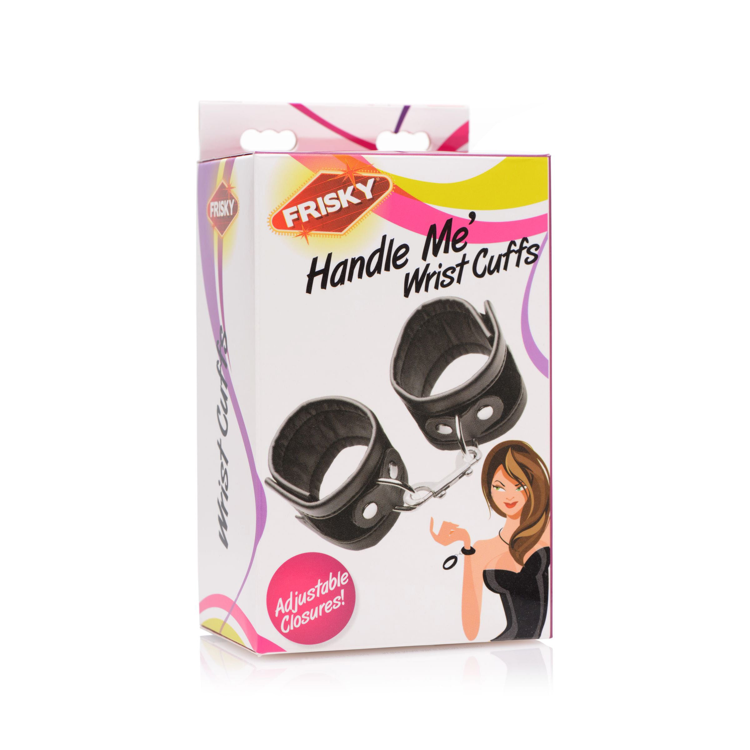 Frisky Handle Me Wrist Cuffs in black velvet and faux leather, featuring heavy-duty Velcro closures and a D-ring for versatile bondage play.