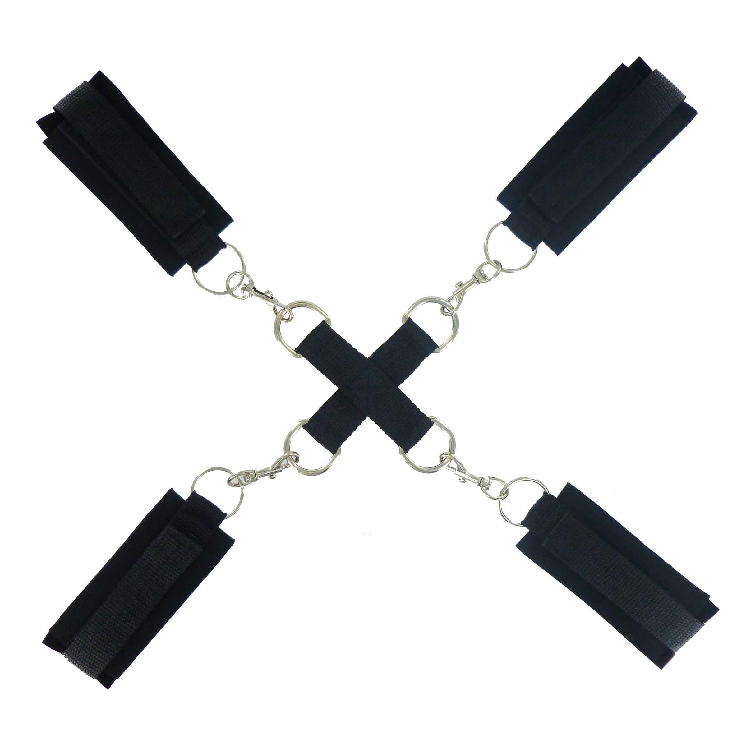 Frisky Stay Put Cross Tie Restraints featuring black neoprene cuffs and a center hub with D rings for versatile bondage play.