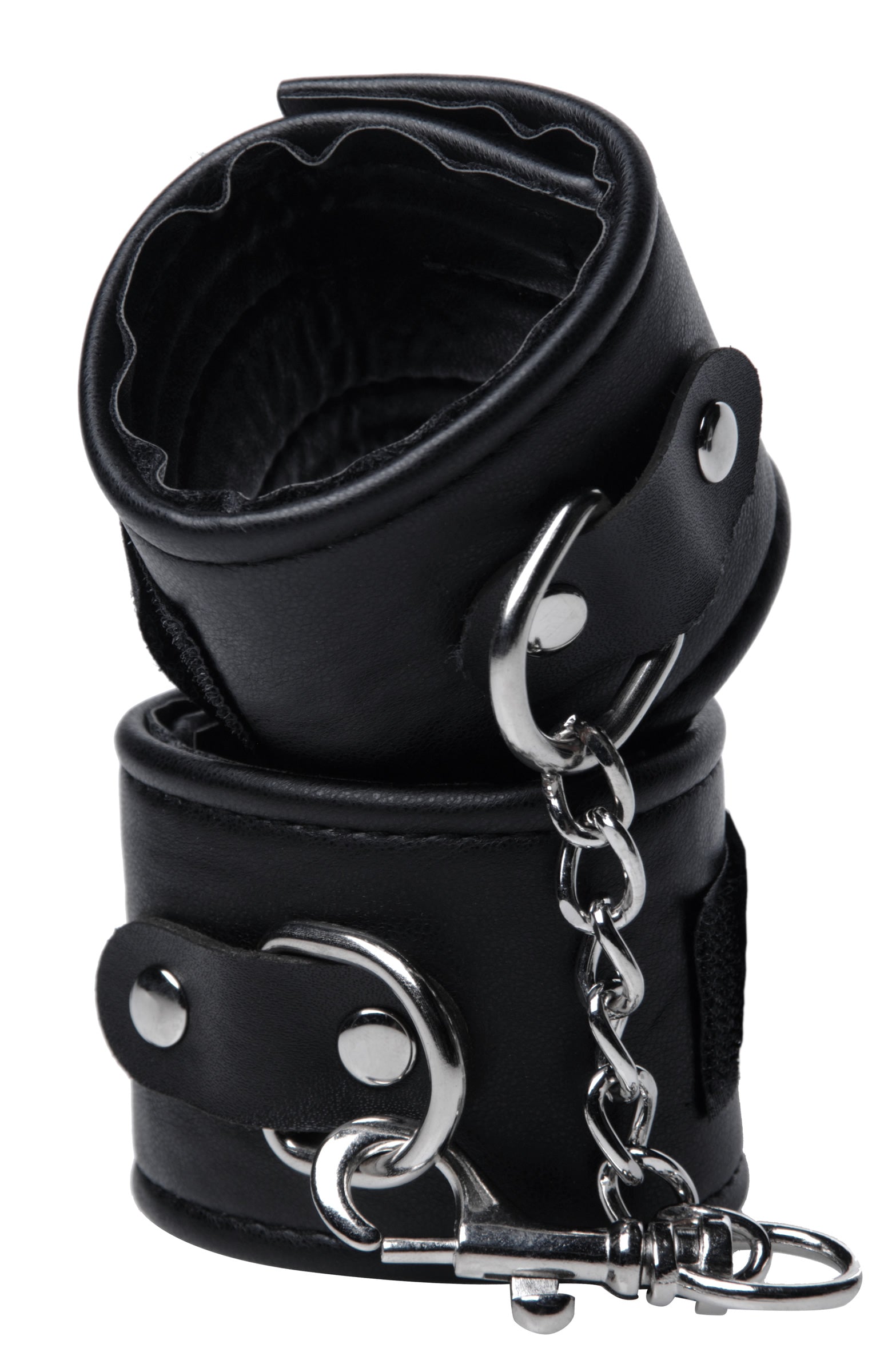 Frisky Wrist Cuff Set featuring soft black faux leather cuffs with adjustable Velcro straps and a detachable chain.