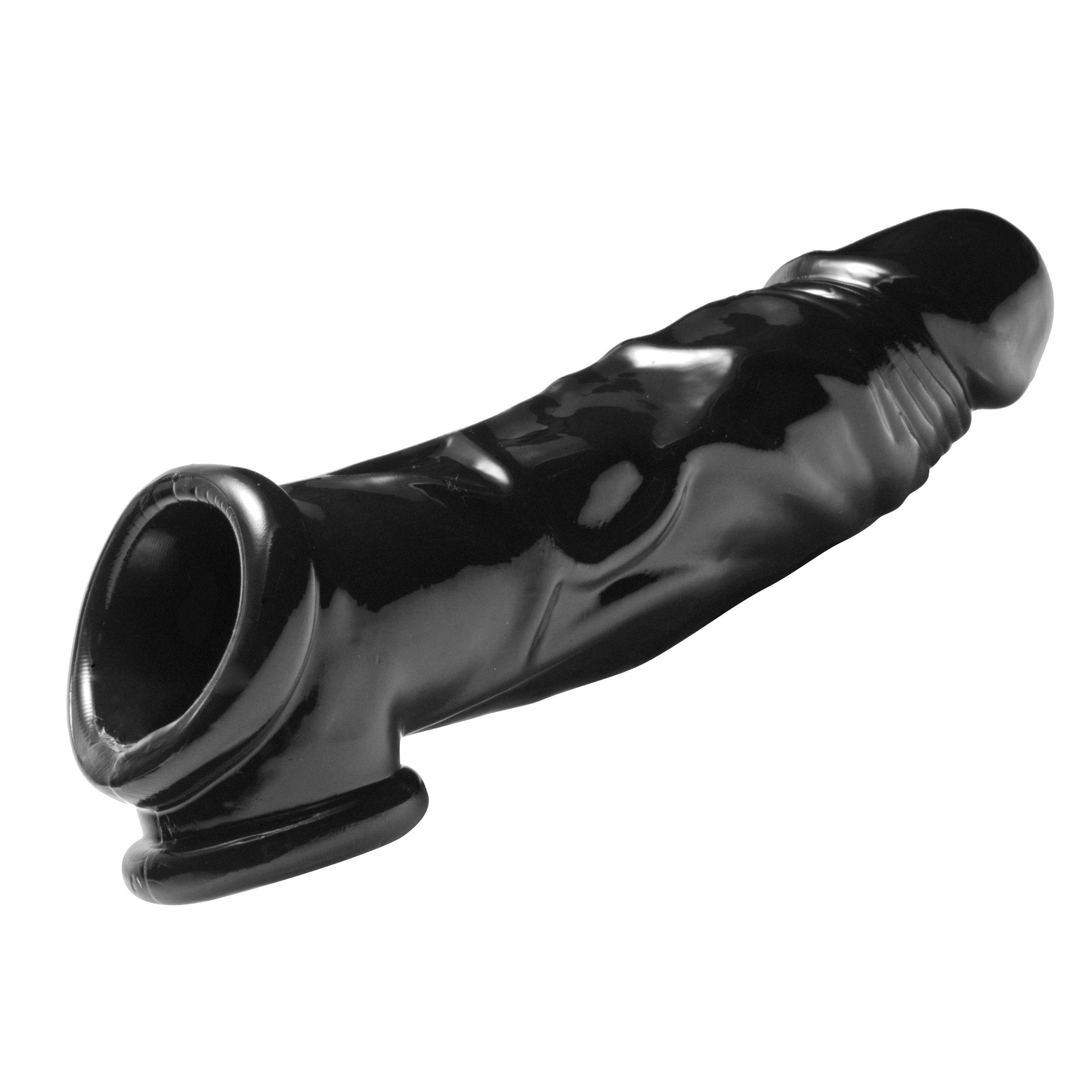 Fuk Tool Penis Sheath and Ball Stretcher in black, showcasing its firm yet stretchy design for enhanced pleasure.