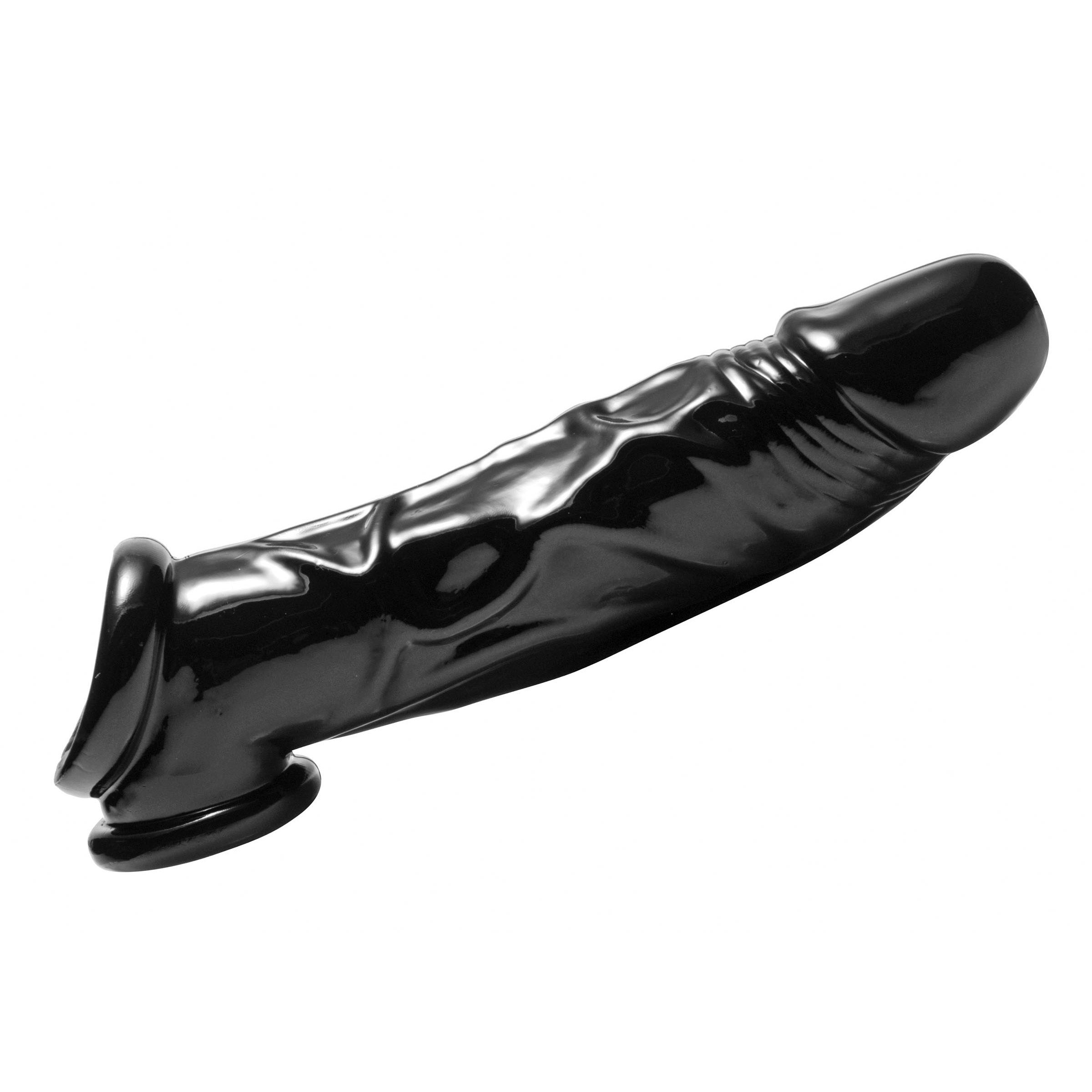 Fuk Tool Penis Sheath and Ball Stretcher in black, showcasing its firm yet stretchy design for enhanced pleasure.