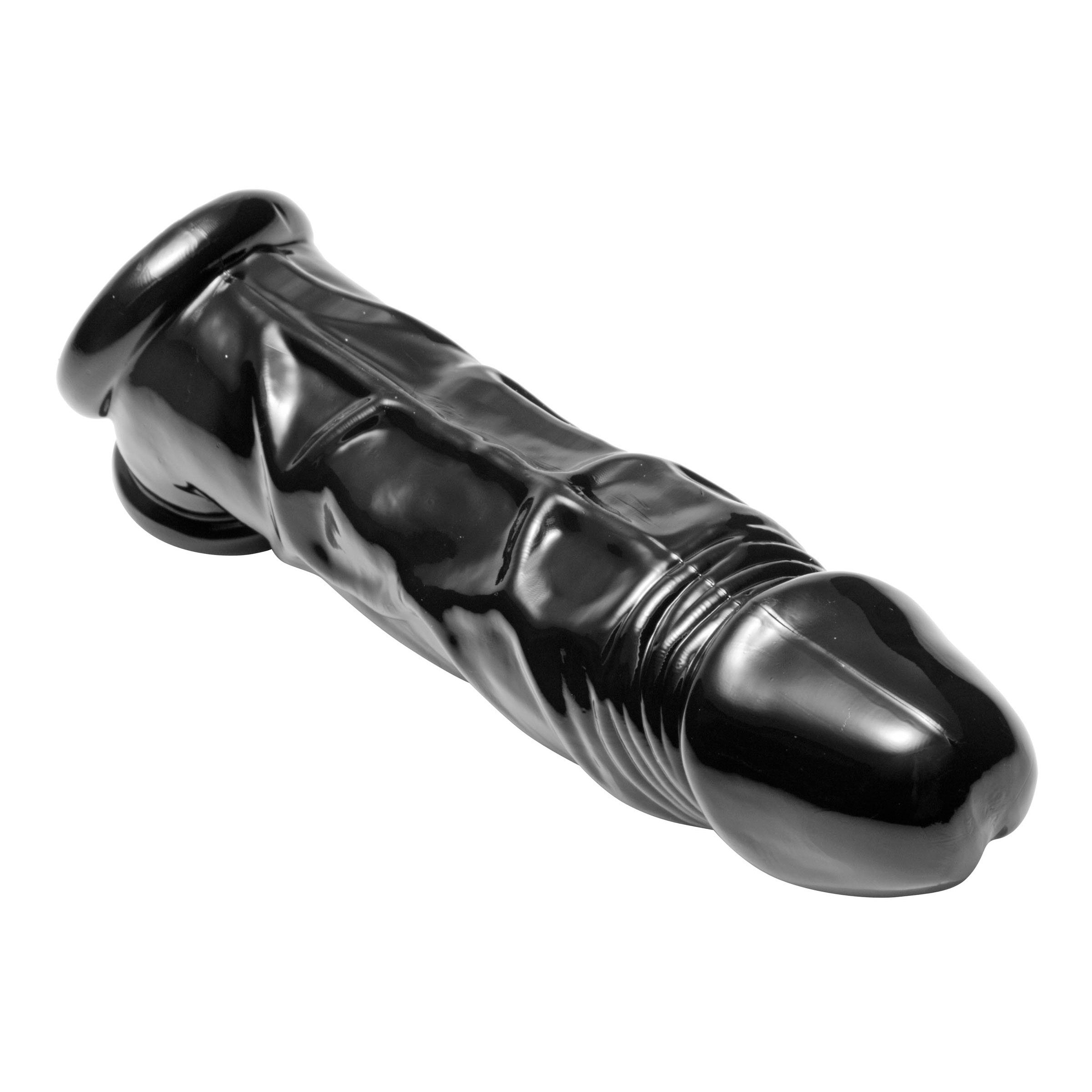 Fuk Tool Penis Sheath and Ball Stretcher in black, showcasing its firm yet stretchy design for enhanced pleasure.