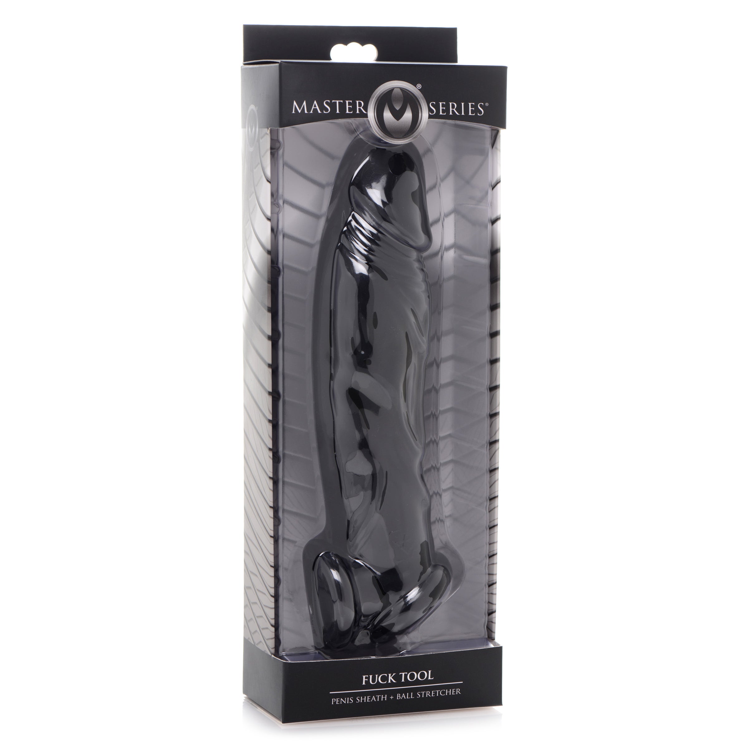 Fuk Tool Penis Sheath and Ball Stretcher in black, showcasing its firm yet stretchy design for enhanced pleasure.