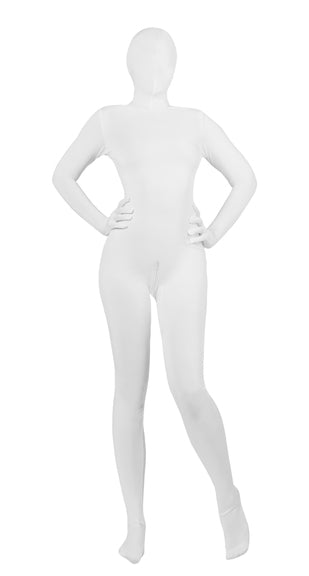 Full Body White Skin Suit with Front Access, showcasing a sleek design and stretchy lycra material, ideal for costumes and performances.