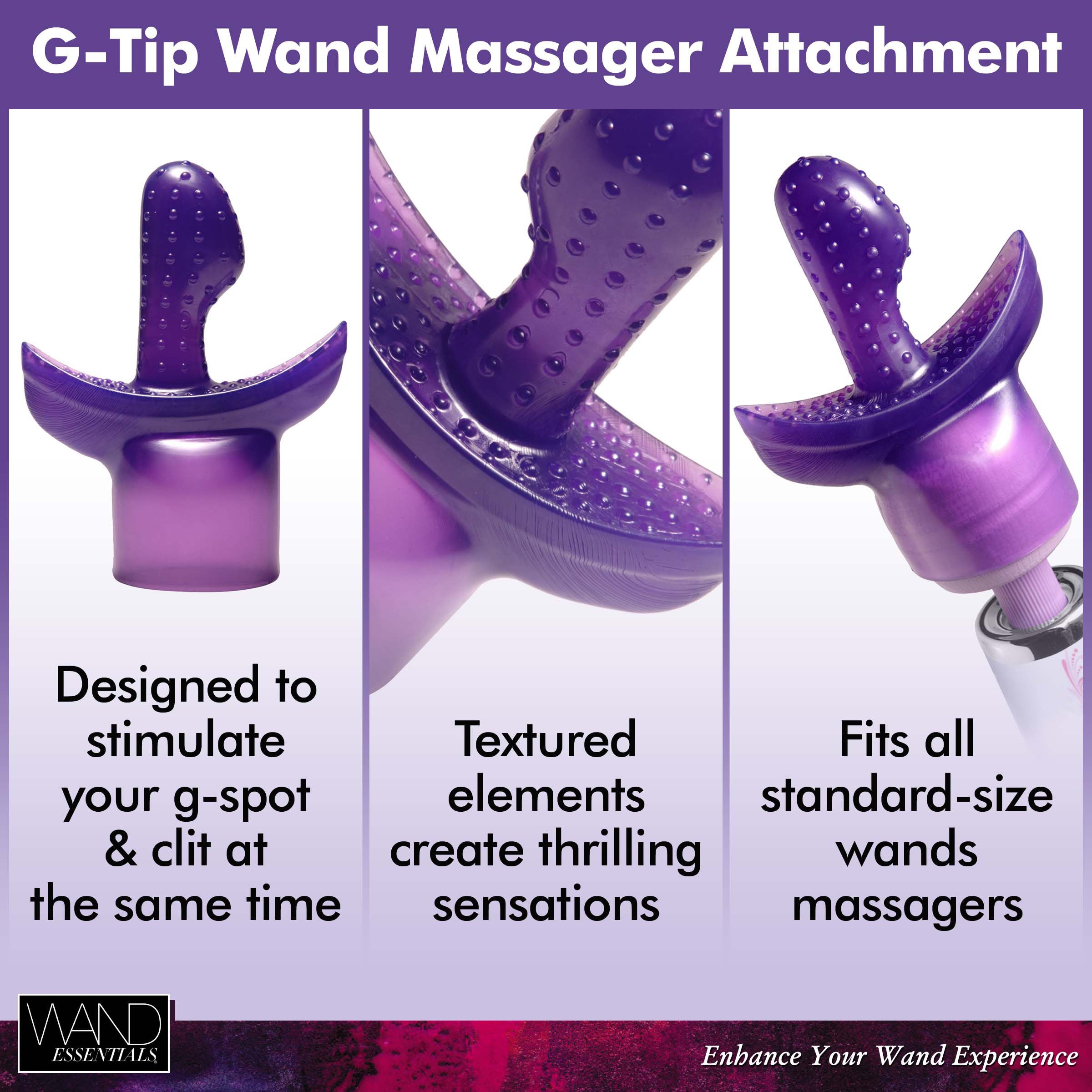 G Tip Wand Massager Attachment in purple, designed for G-spot and clitoral stimulation with textured insertable arm.