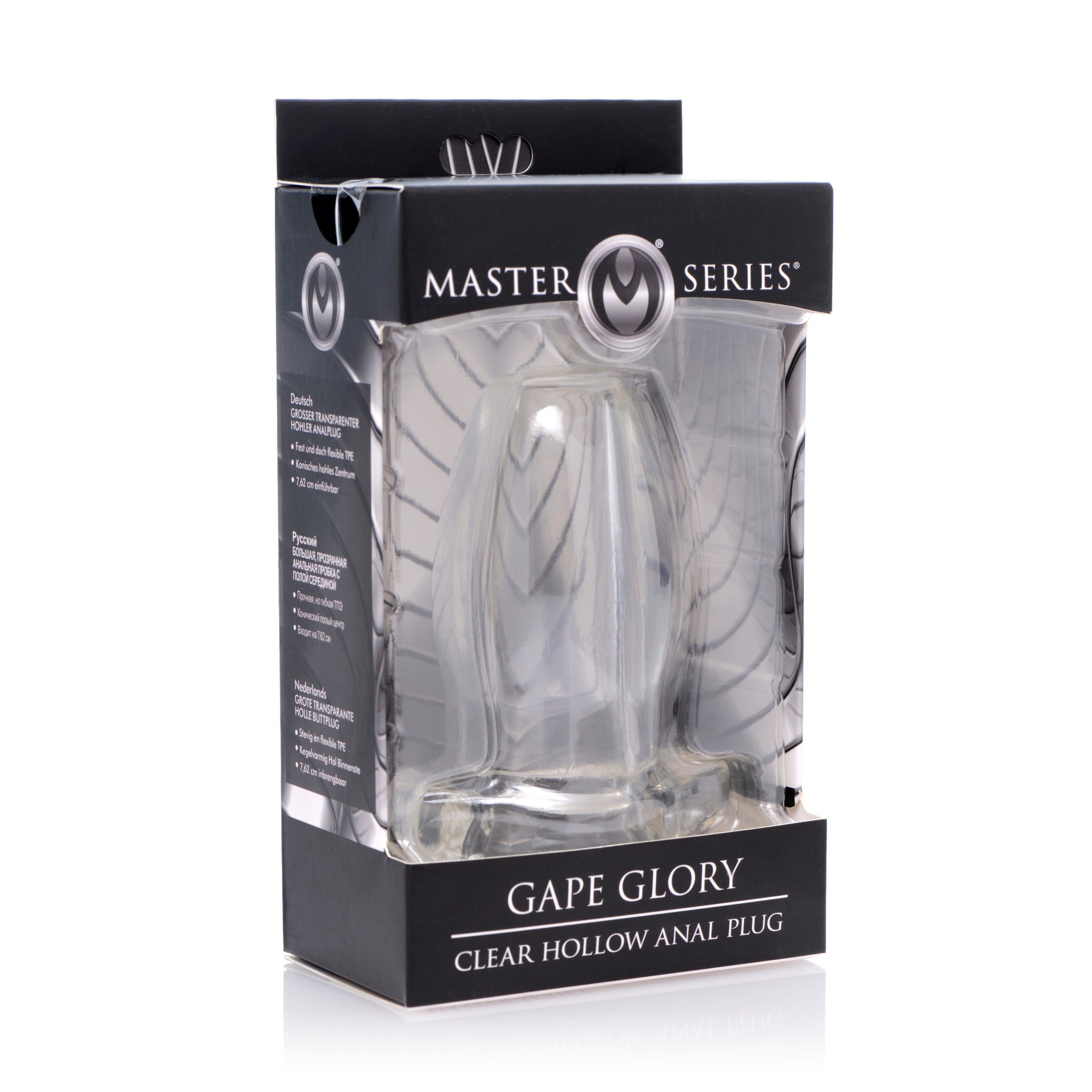 Gape Glory Clear Hollow Anal Plug showcasing its transparent design and hollow structure for enhanced visibility during use.