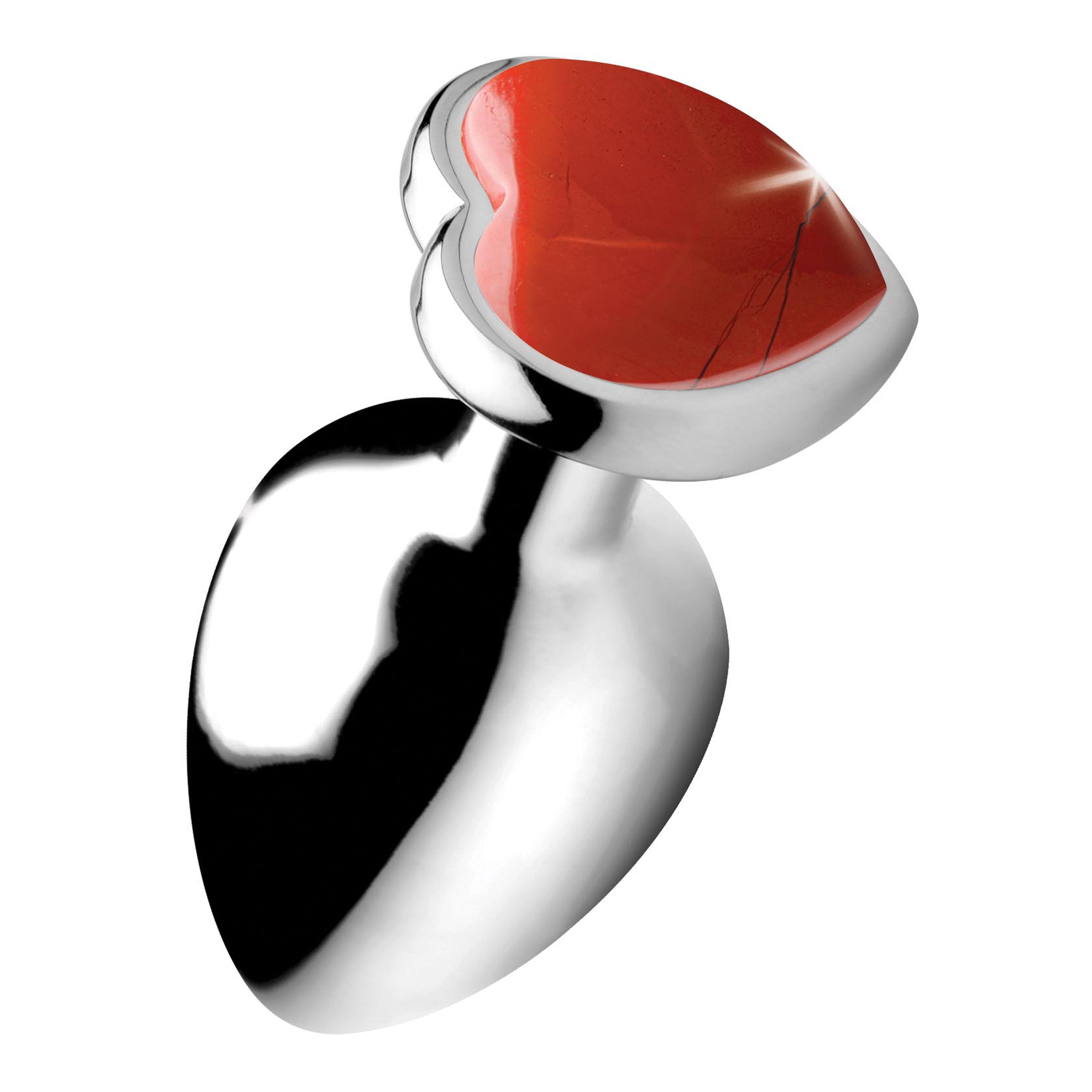 Large anal plug featuring a heart-shaped Red Jasper gemstone, made from body-safe aluminum alloy, designed for pleasure and creativity.