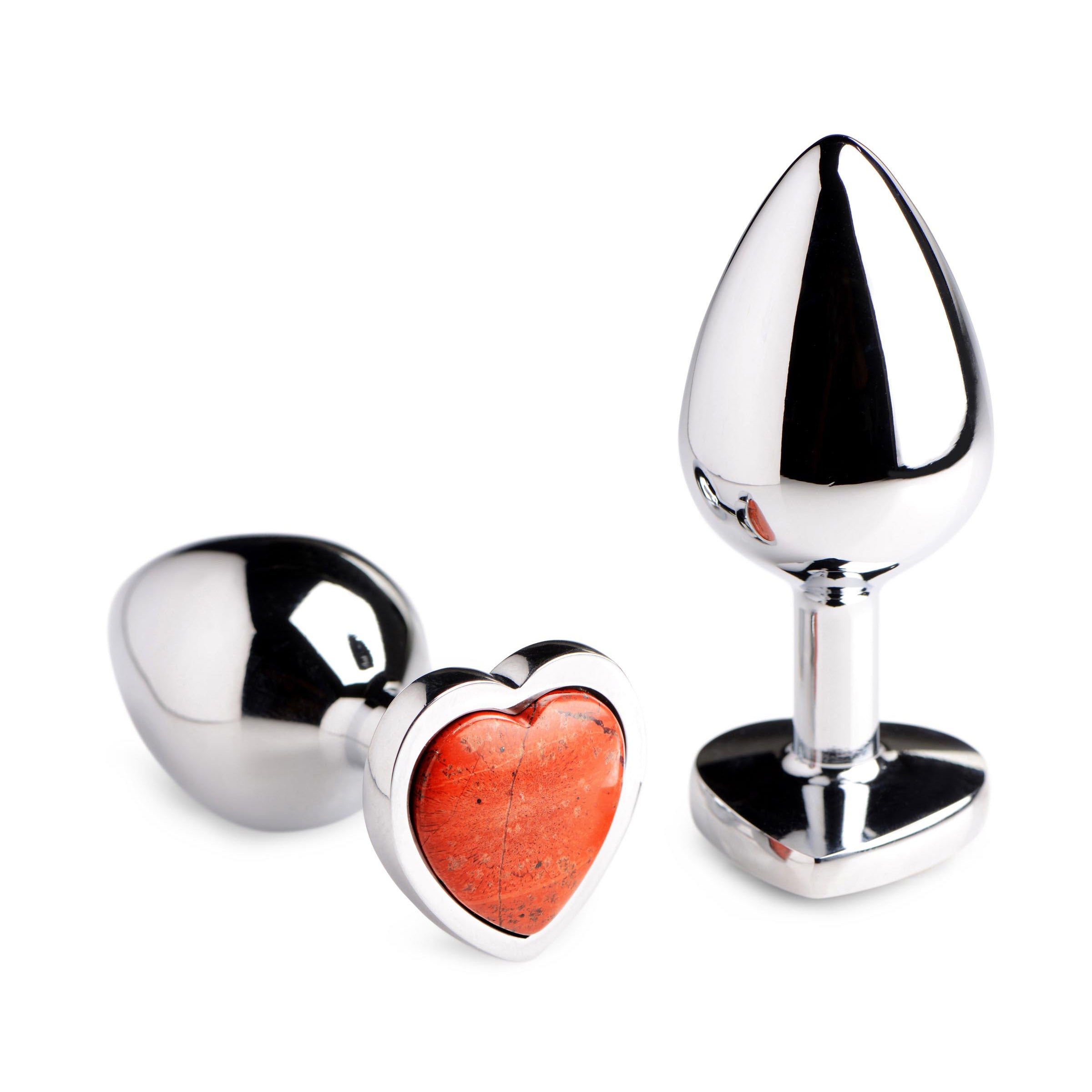 Large anal plug featuring a heart-shaped Red Jasper gemstone, made from body-safe aluminum alloy, designed for pleasure and creativity.