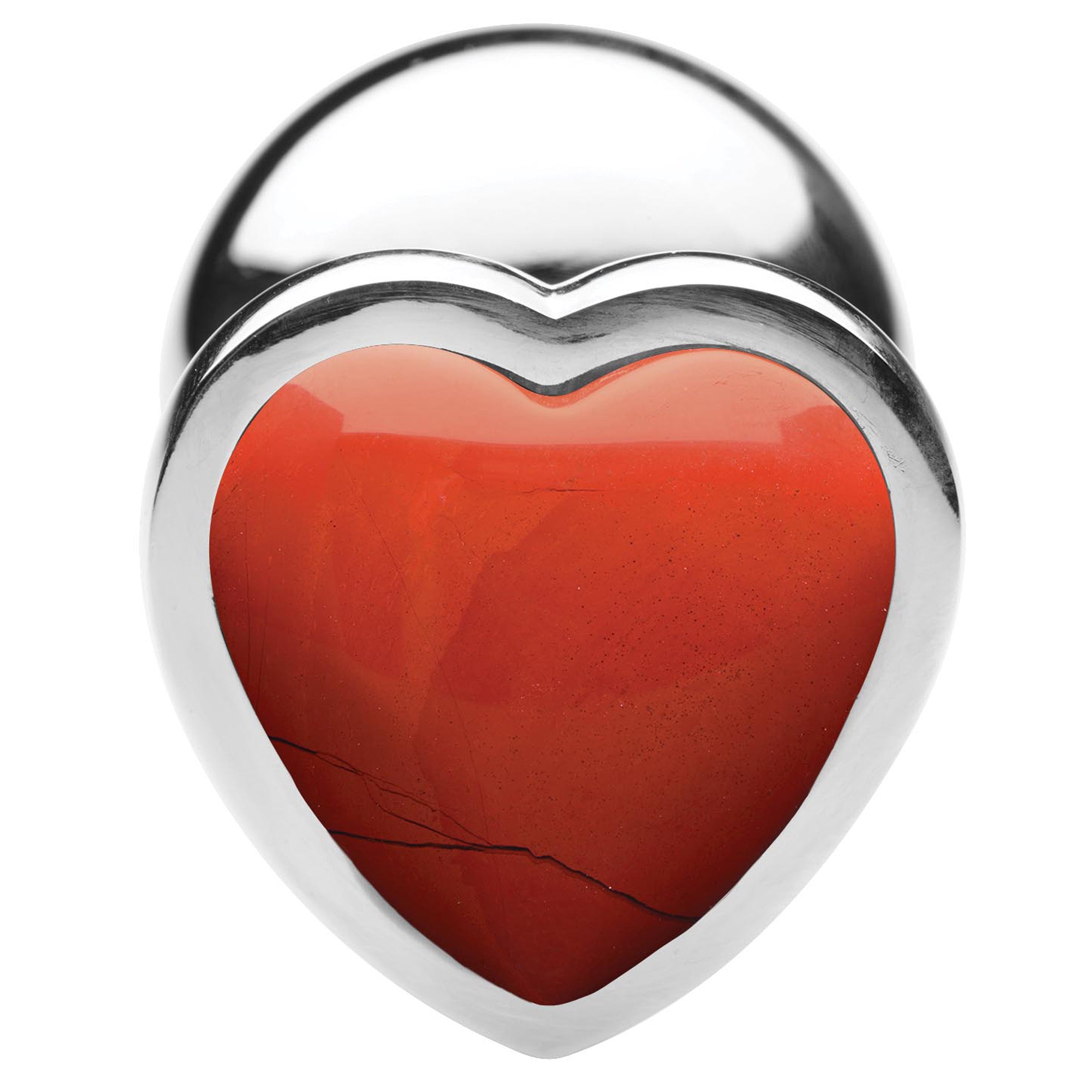 Large anal plug featuring a heart-shaped Red Jasper gemstone, made from body-safe aluminum alloy, designed for pleasure and creativity.