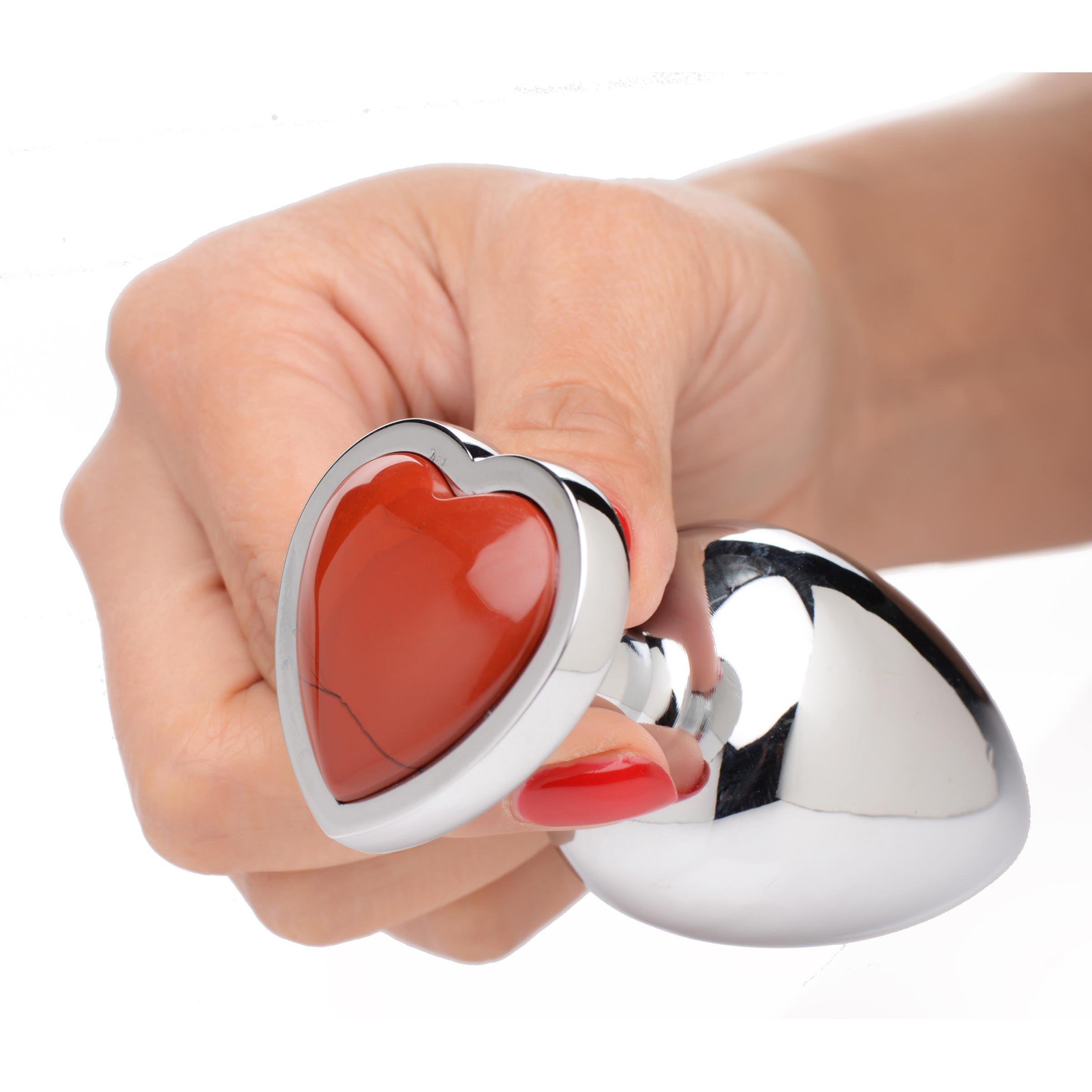 Large anal plug featuring a heart-shaped Red Jasper gemstone, made from body-safe aluminum alloy, designed for pleasure and creativity.