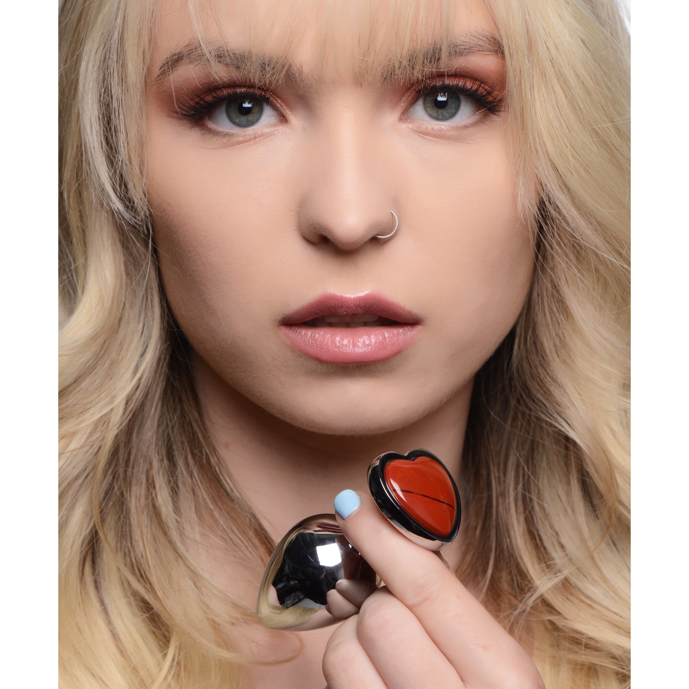 Large anal plug featuring a heart-shaped Red Jasper gemstone, made from body-safe aluminum alloy, designed for pleasure and creativity.