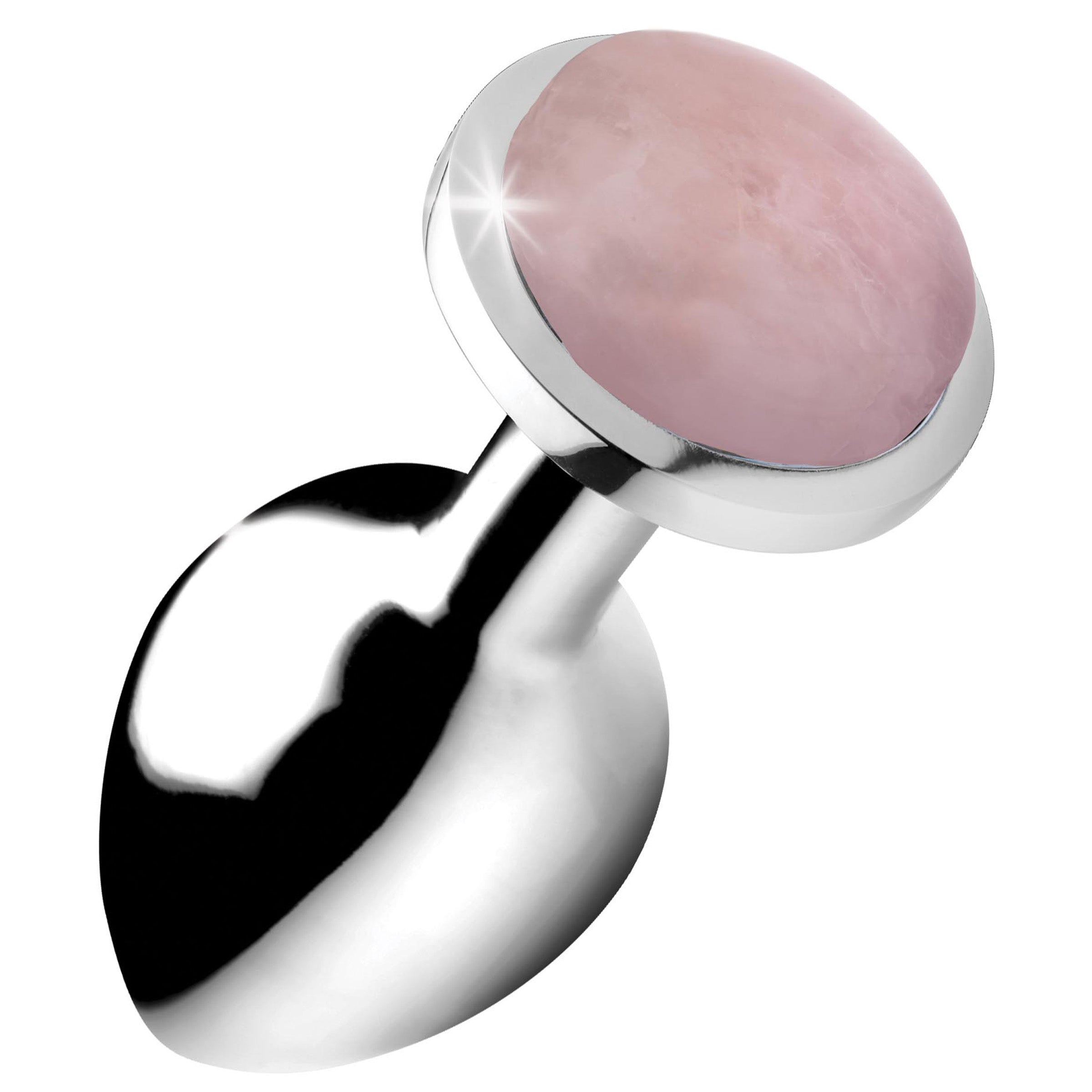 Rose Quartz Gem Medium Anal Plug with a smooth aluminum alloy body and a pink gemstone base, designed for intimate pleasure.