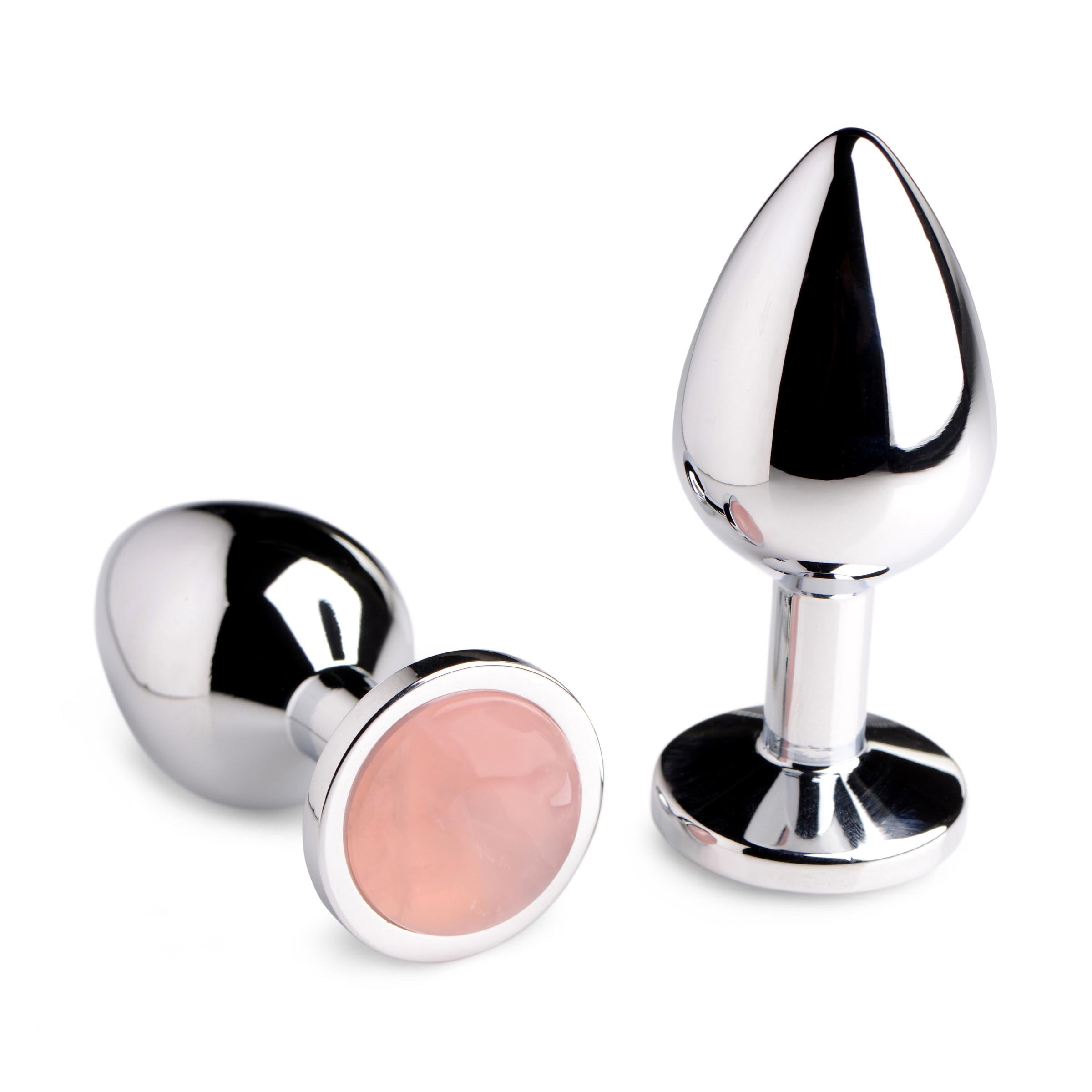 Rose Quartz Gem Medium Anal Plug with a smooth aluminum alloy body and a pink gemstone base, designed for intimate pleasure.