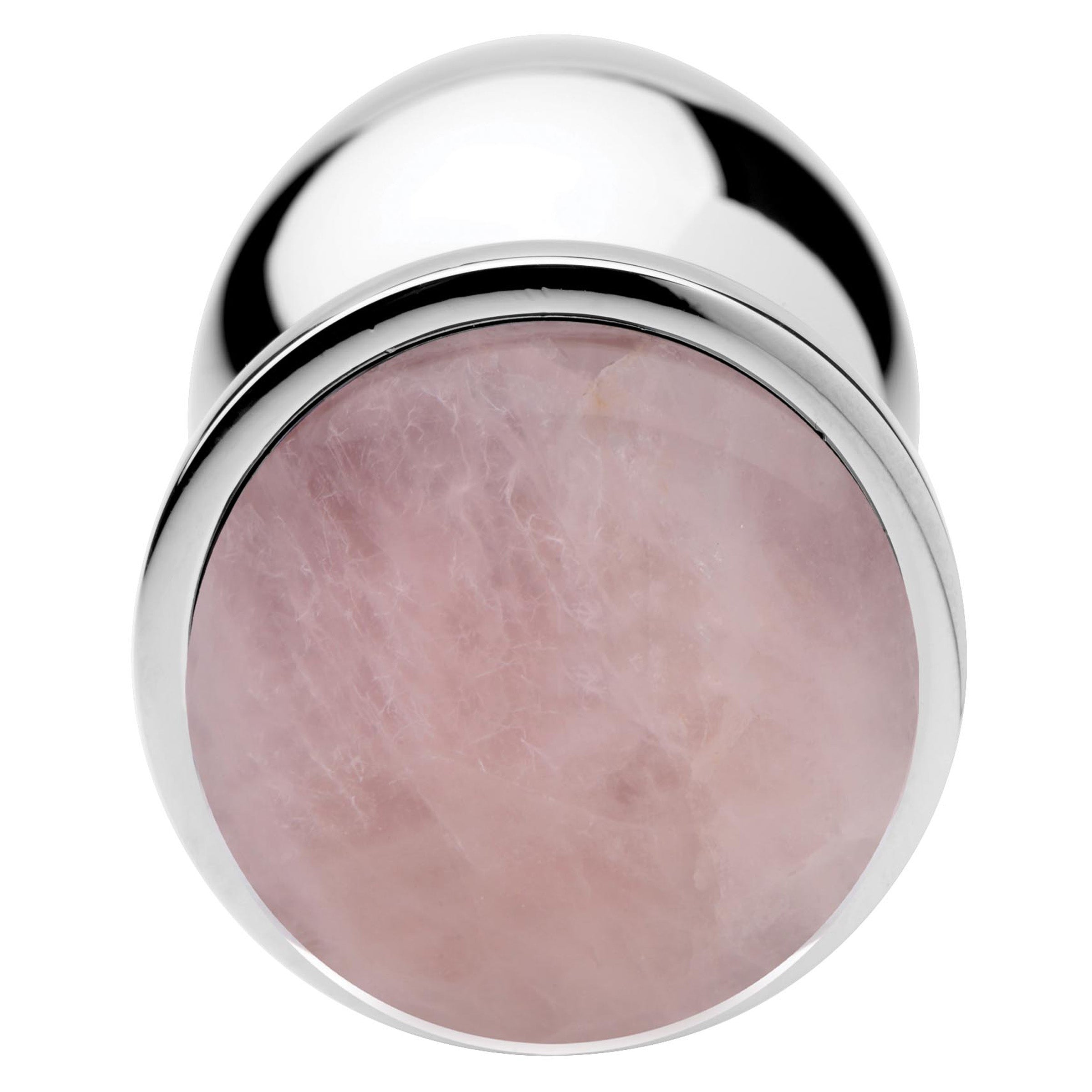 Rose Quartz Gem Medium Anal Plug with a smooth aluminum alloy body and a pink gemstone base, designed for intimate pleasure.