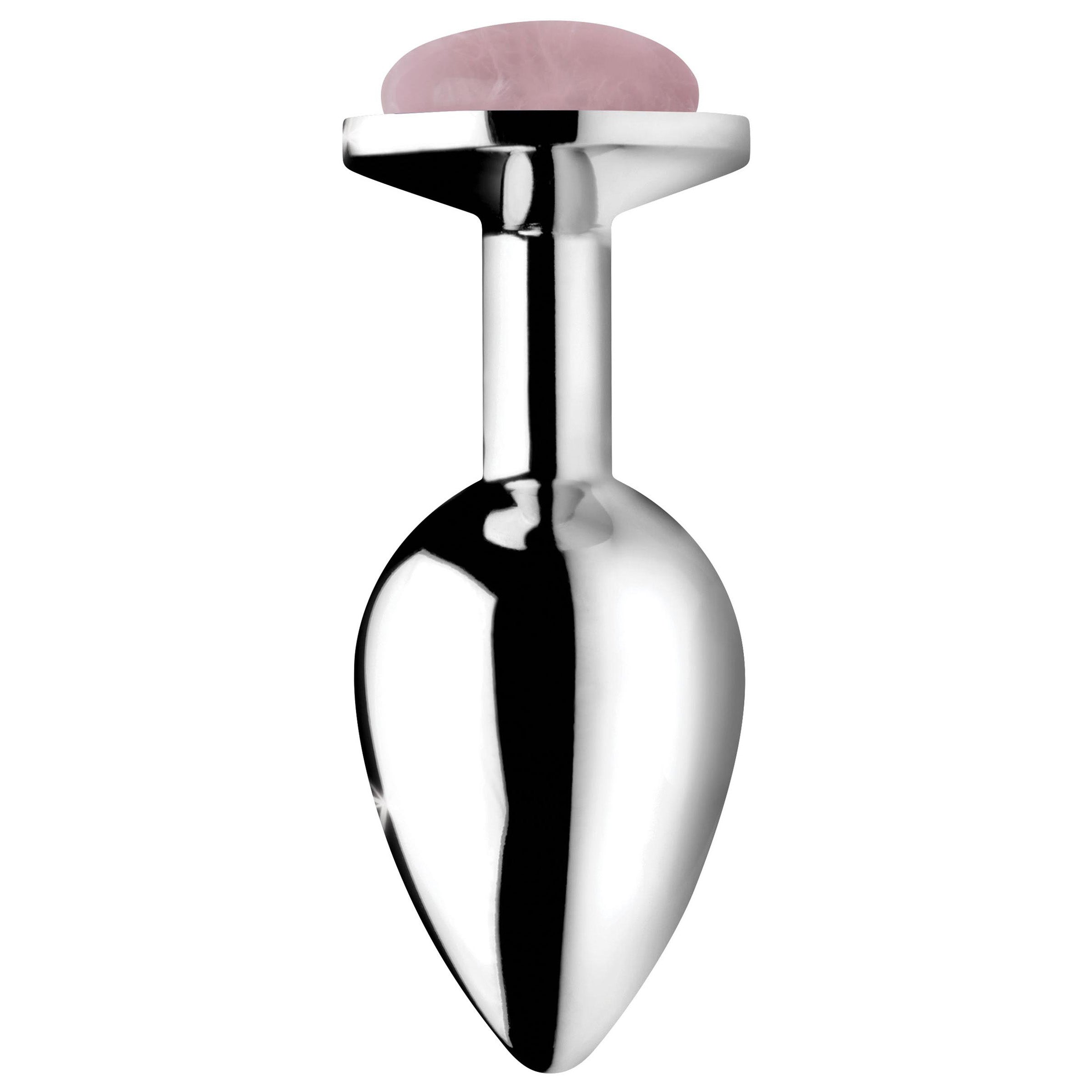 Rose Quartz Gem Medium Anal Plug with a smooth aluminum alloy body and a pink gemstone base, designed for intimate pleasure.