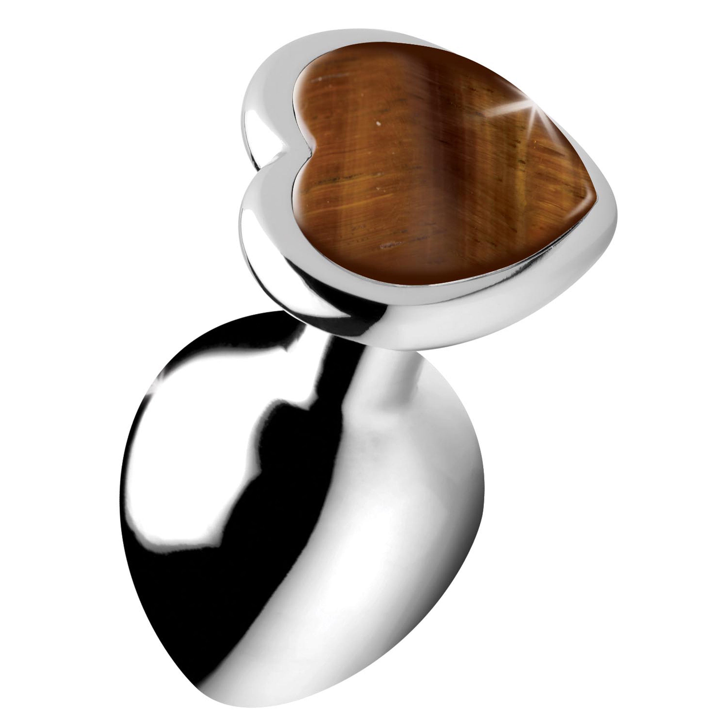 A medium-sized heart-shaped anal plug made of genuine Tiger's Eye gemstone and nickel-free aluminum alloy, showcasing its smooth surface and elegant design.