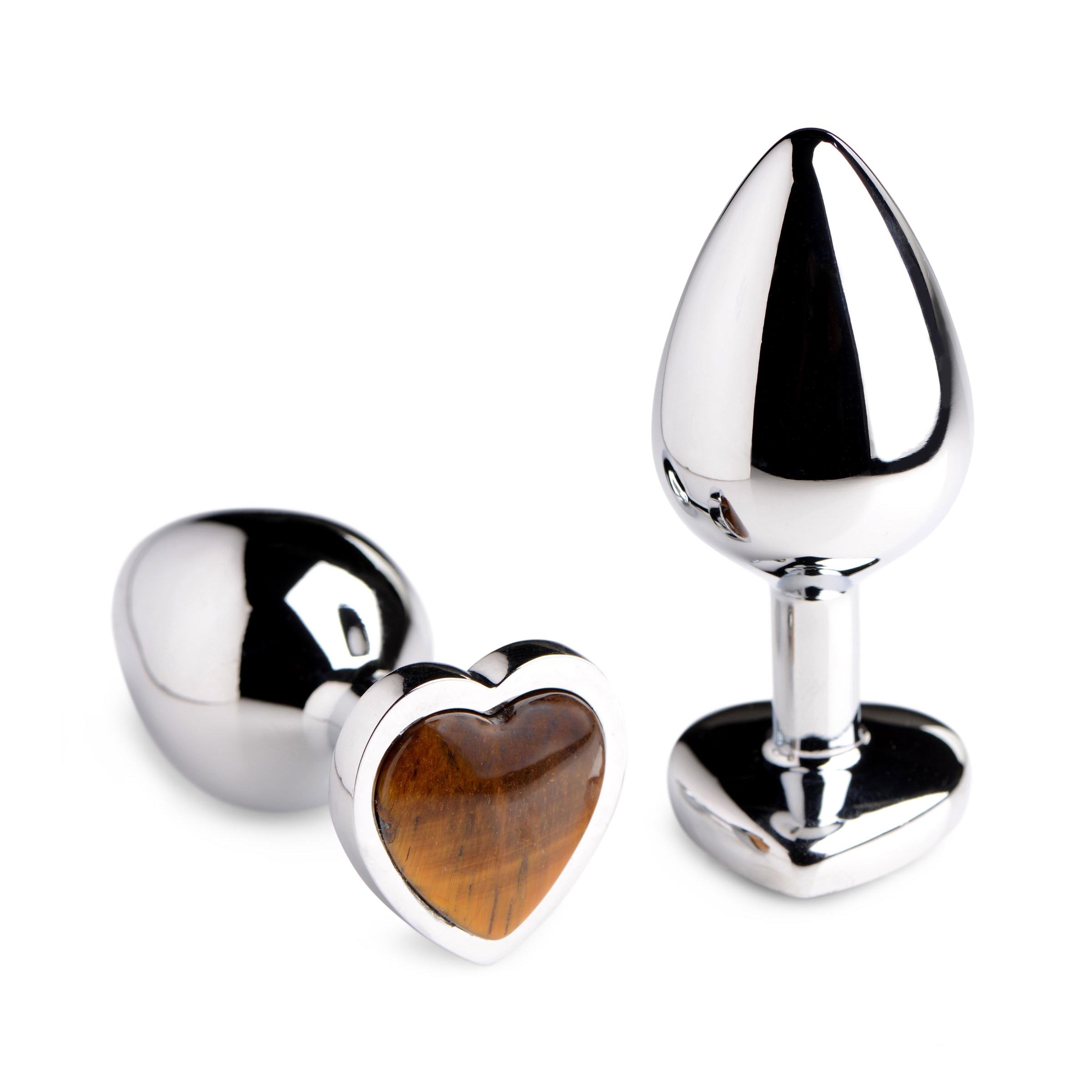 A medium-sized heart-shaped anal plug made of genuine Tiger's Eye gemstone and nickel-free aluminum alloy, showcasing its smooth surface and elegant design.