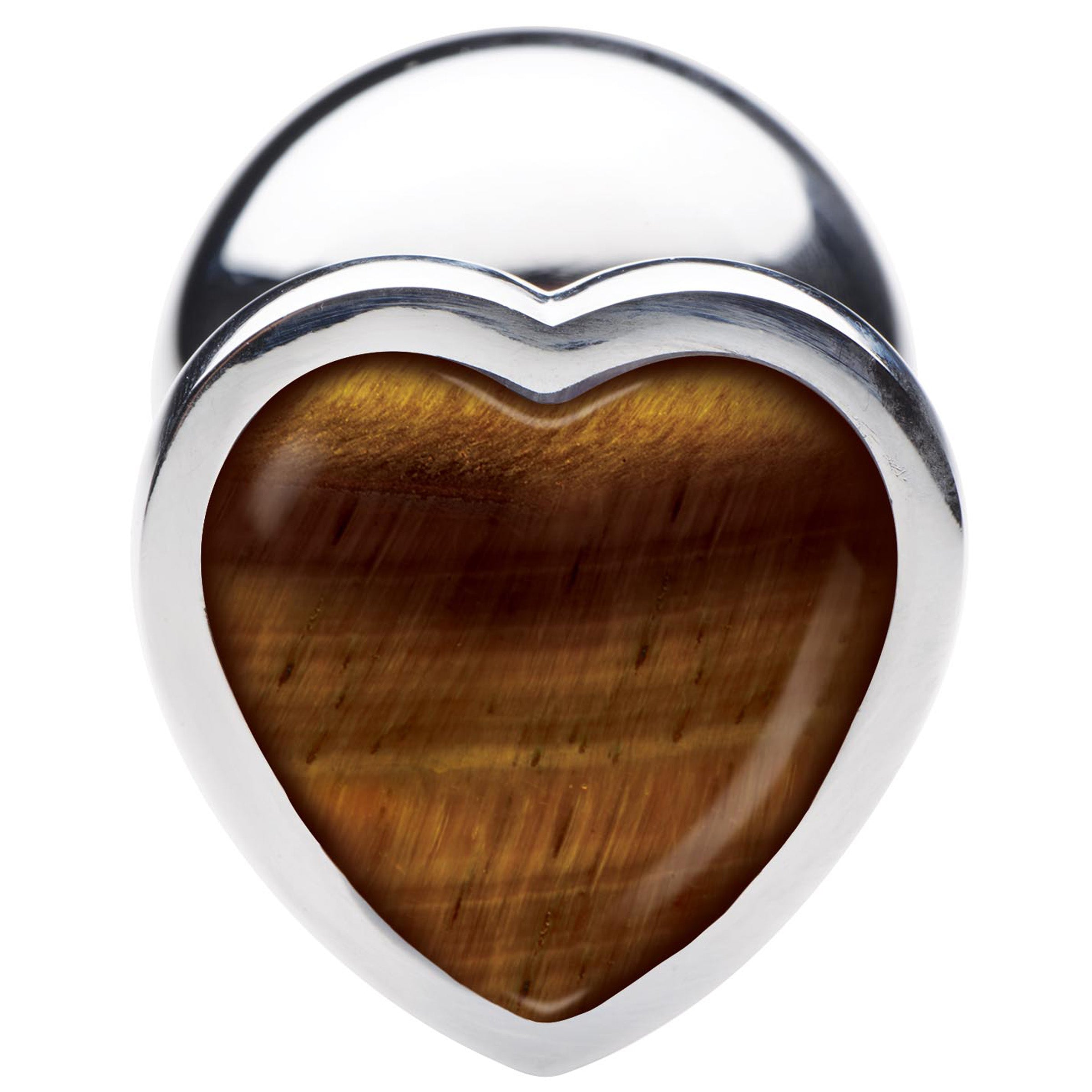 A medium-sized heart-shaped anal plug made of genuine Tiger's Eye gemstone and nickel-free aluminum alloy, showcasing its smooth surface and elegant design.