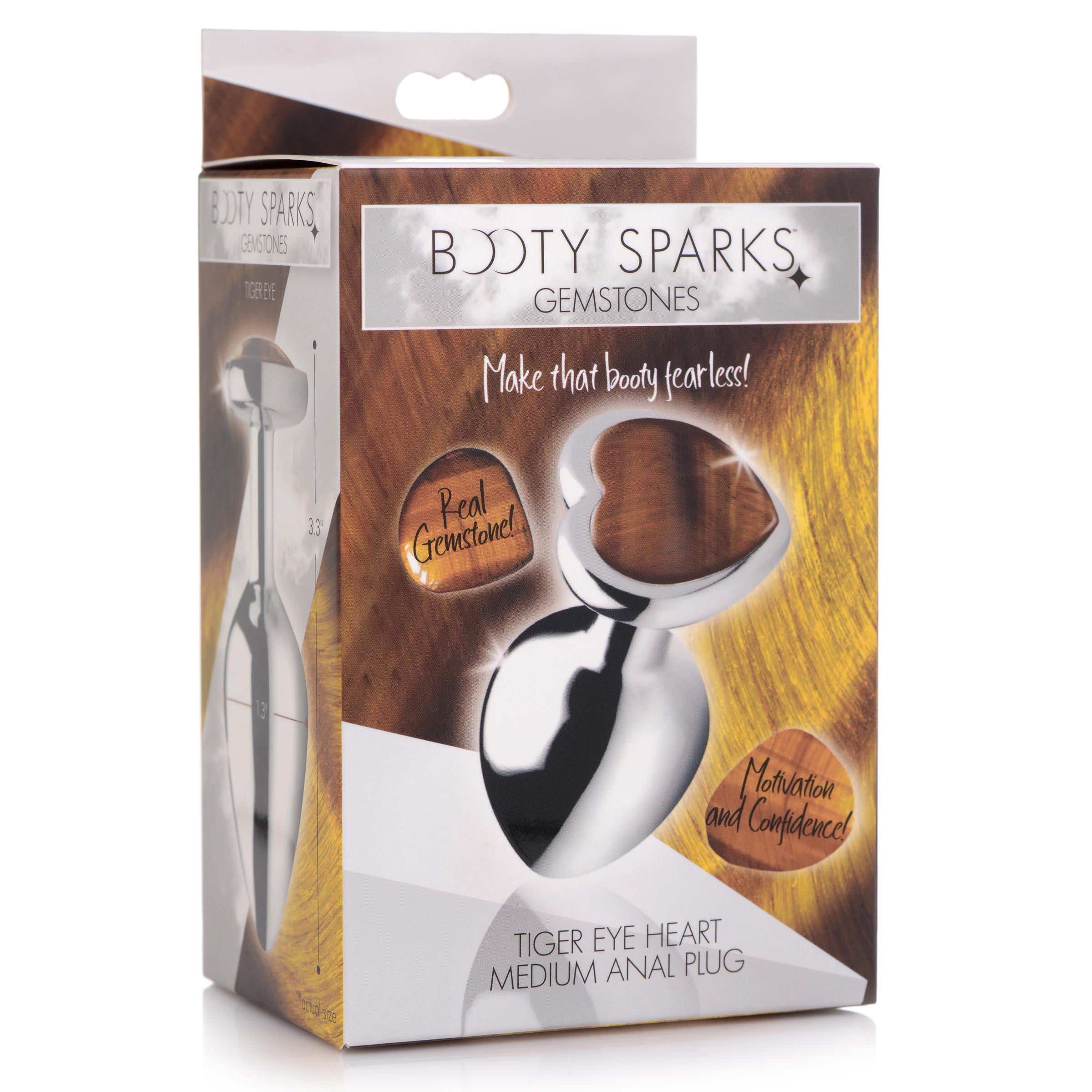 A medium-sized heart-shaped anal plug made of genuine Tiger's Eye gemstone and nickel-free aluminum alloy, showcasing its smooth surface and elegant design.