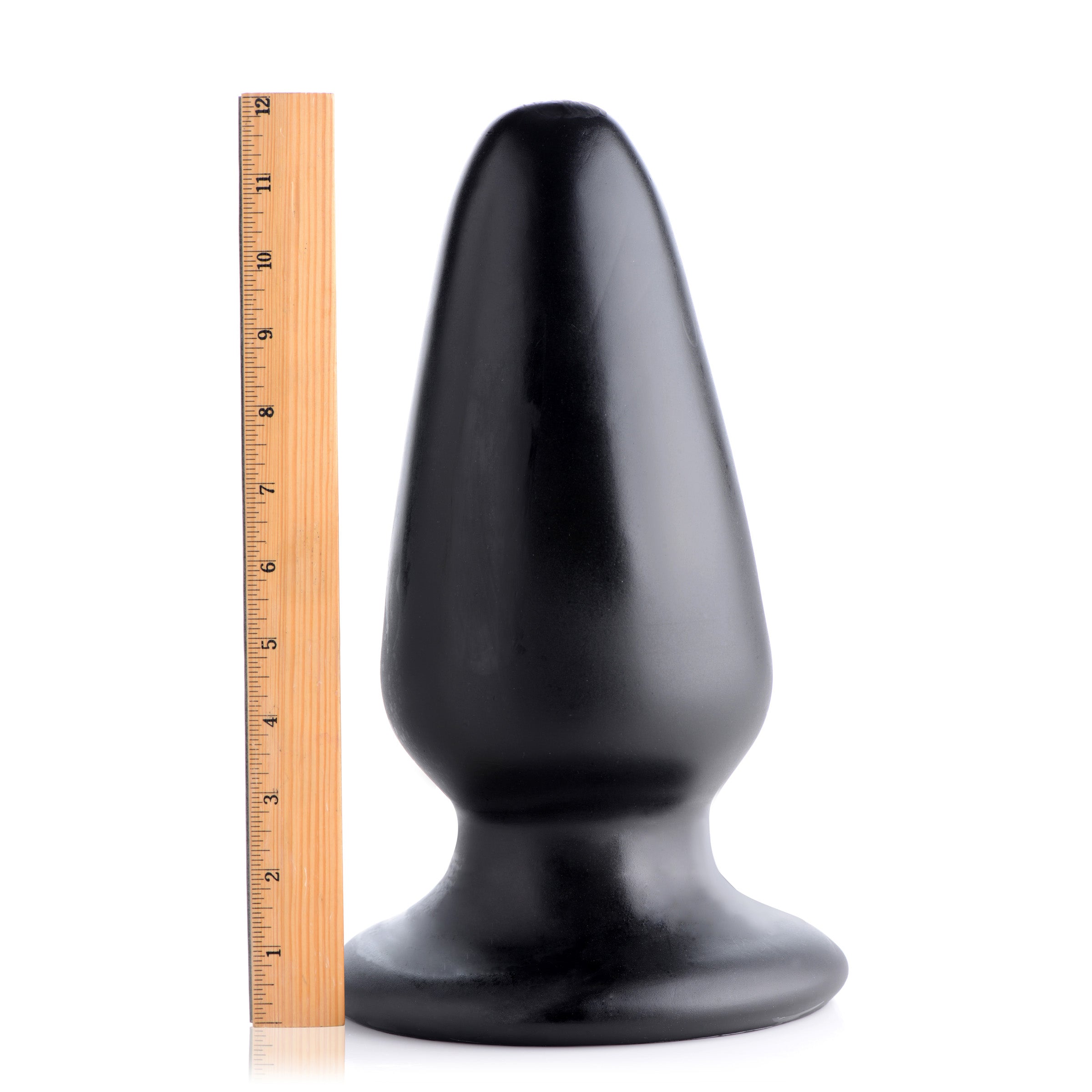 Gigantor XXXL Tapered Butt Plug in black PVC, showcasing its large size and tapered design for advanced anal play.