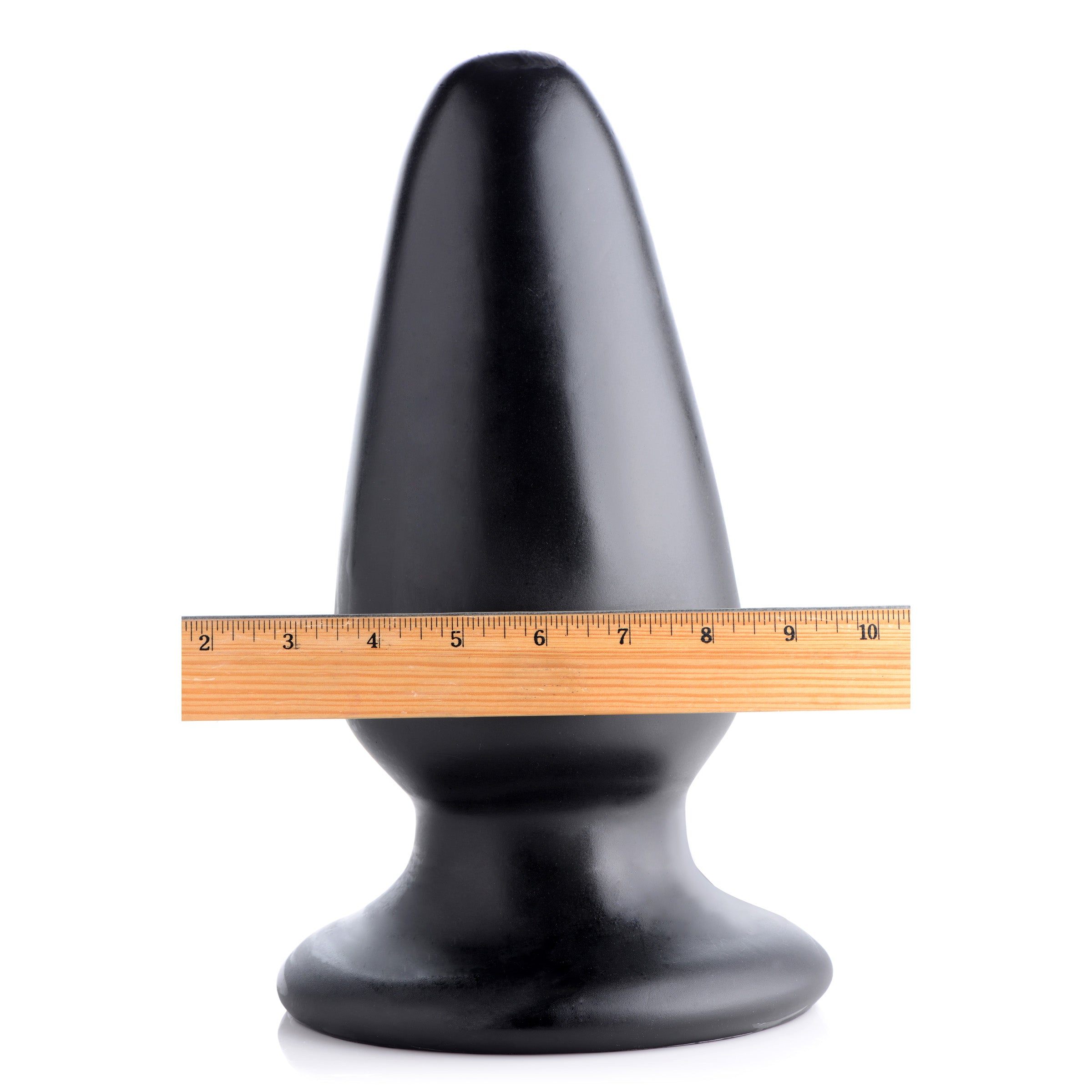 Gigantor XXXL Tapered Butt Plug in black PVC, showcasing its large size and tapered design for advanced anal play.