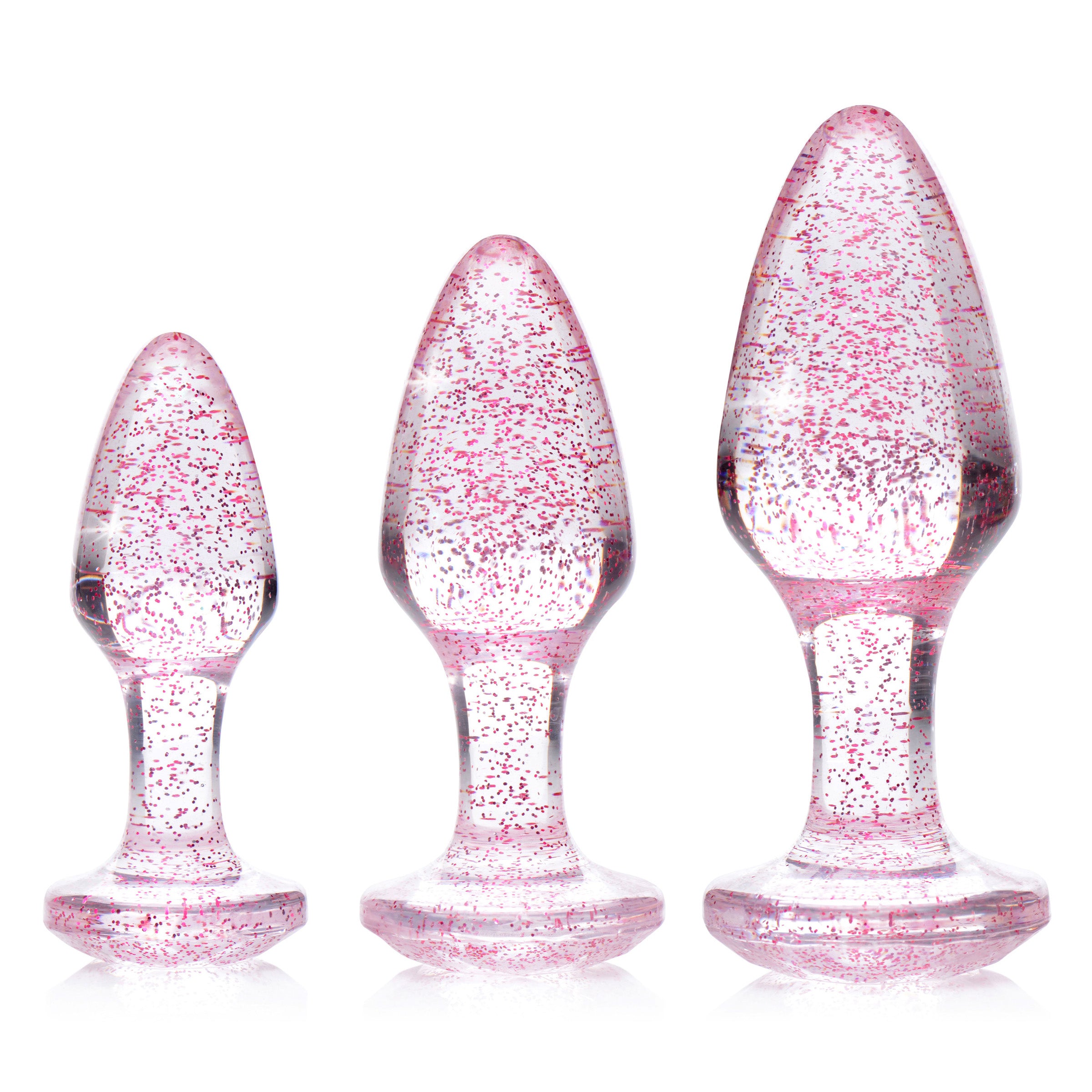 Glitter Gem Anal Plug Set in pink, featuring three graduated sizes with a shiny glittery design for enhanced anal play.