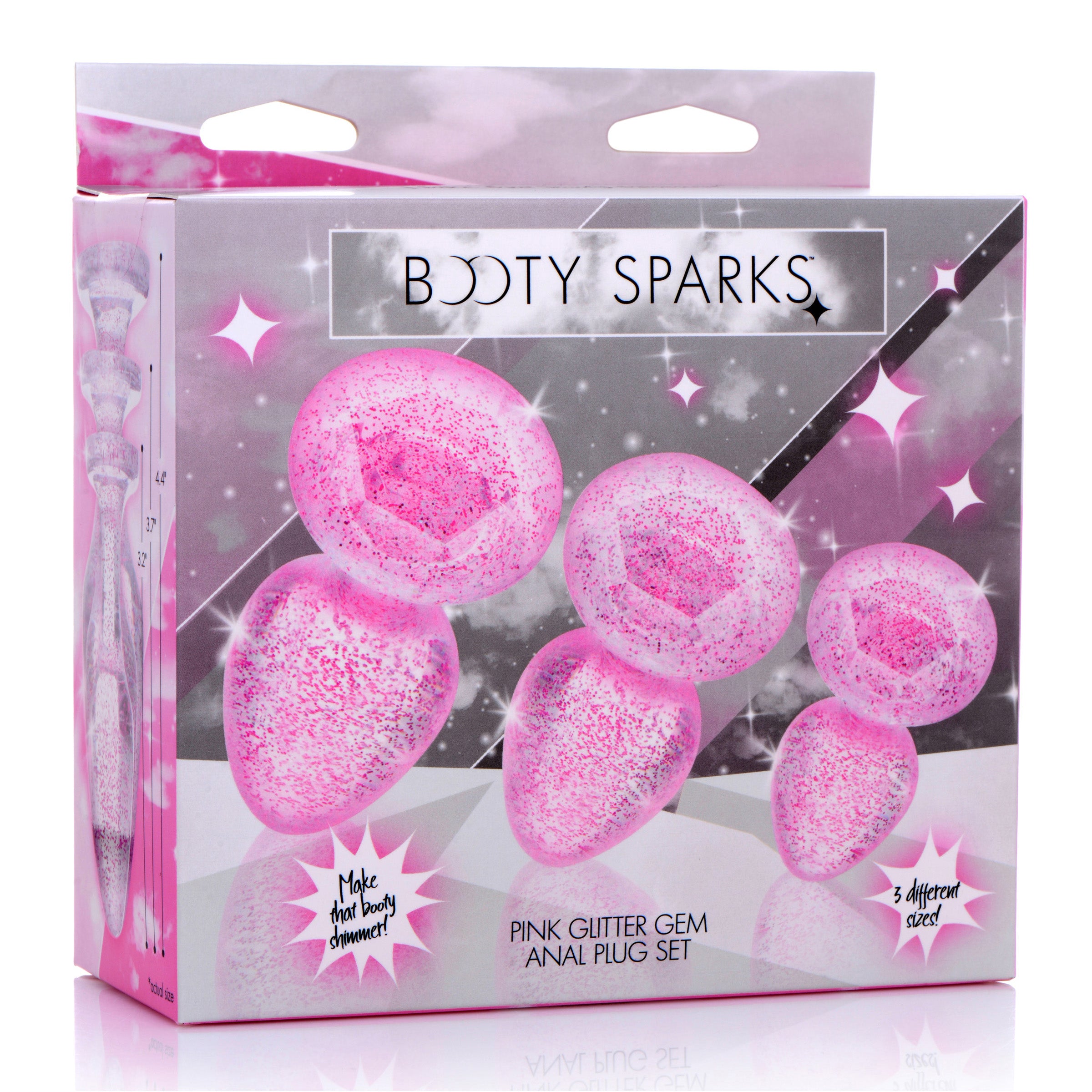 Glitter Gem Anal Plug Set in pink, featuring three graduated sizes with a shiny glittery design for enhanced anal play.