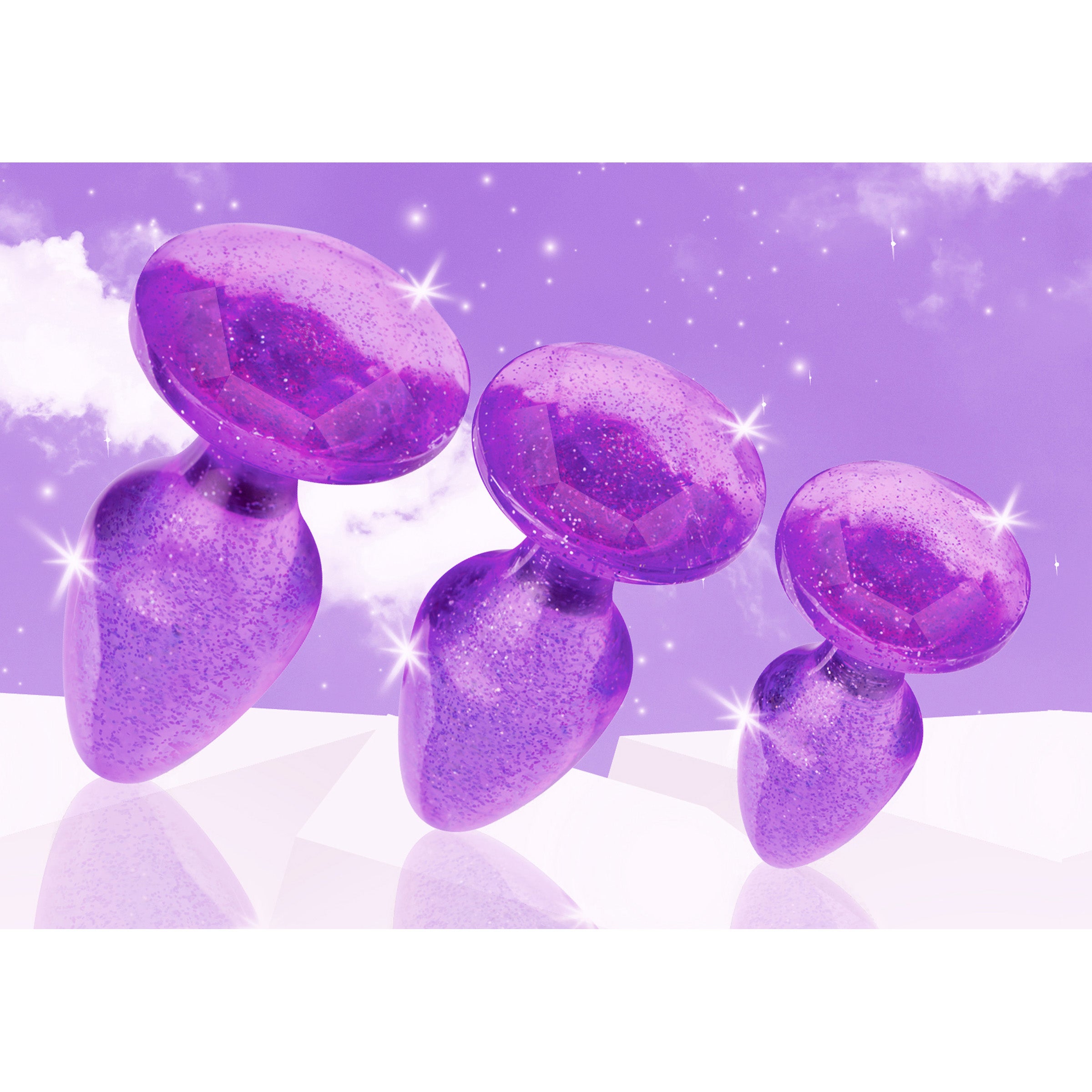 Glitter Gem Anal Plug Set in purple with three graduated sizes, featuring a shiny glittery pattern for enhanced anal play.