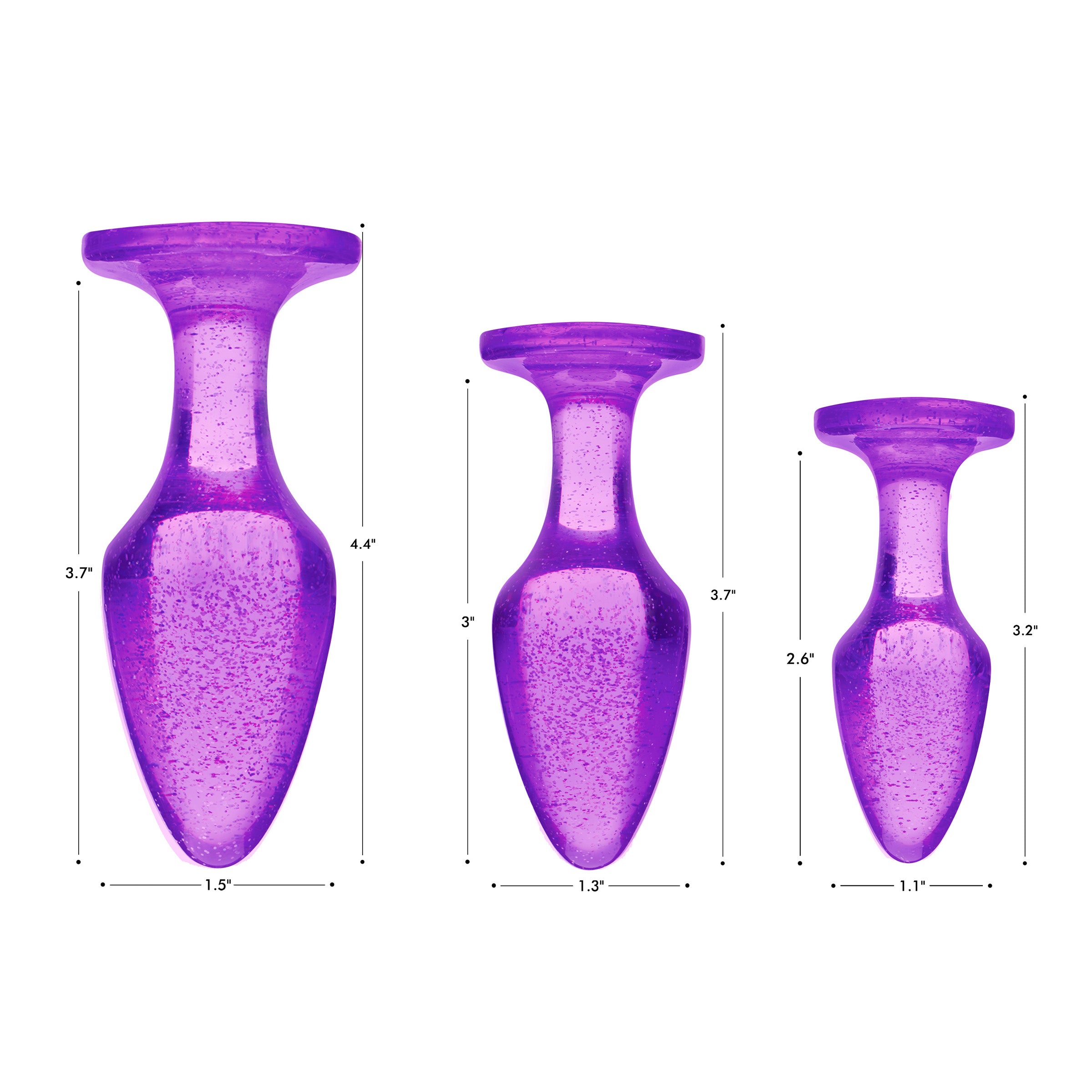 Glitter Gem Anal Plug Set in purple with three graduated sizes, featuring a shiny glittery pattern for enhanced anal play.