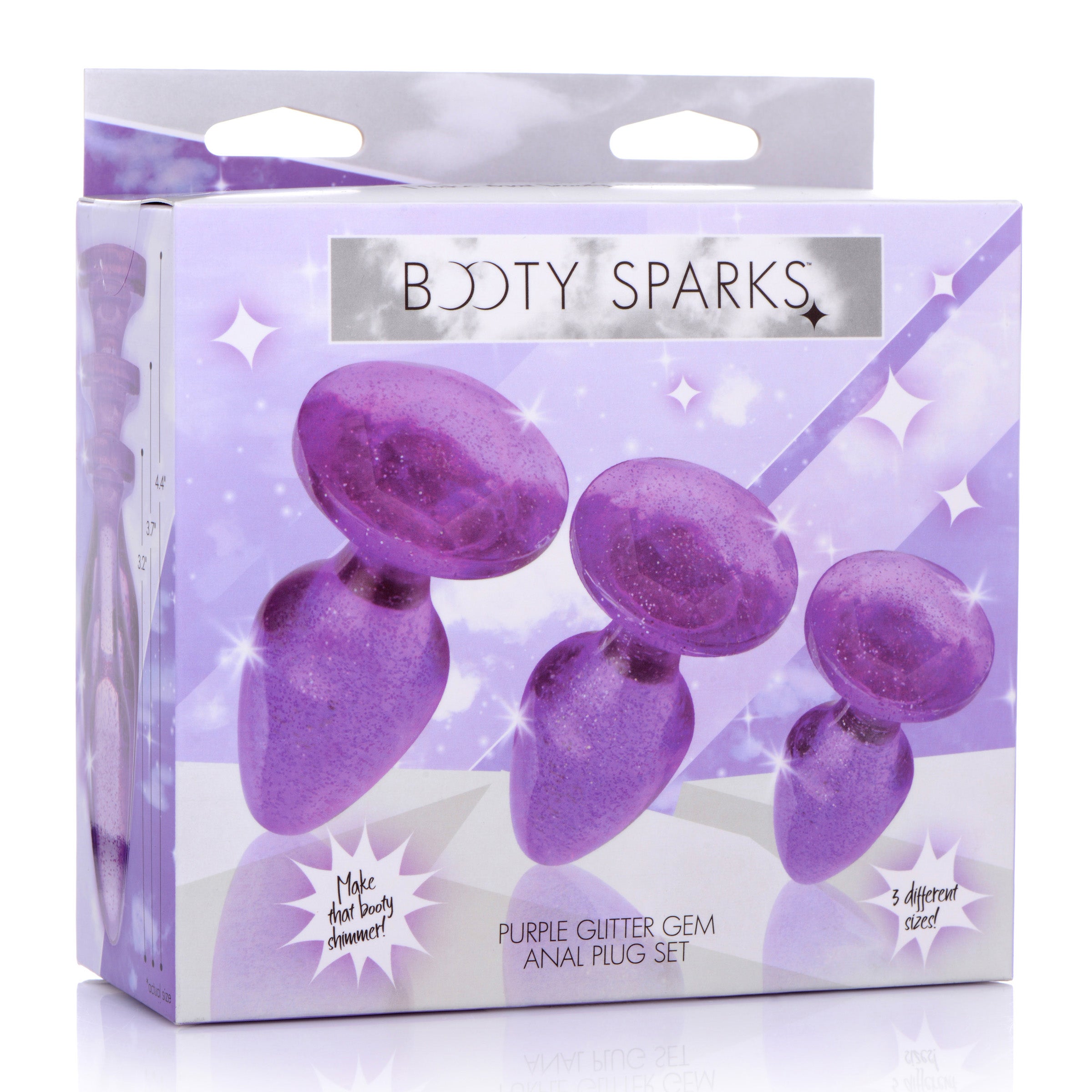 Glitter Gem Anal Plug Set in purple with three graduated sizes, featuring a shiny glittery pattern for enhanced anal play.