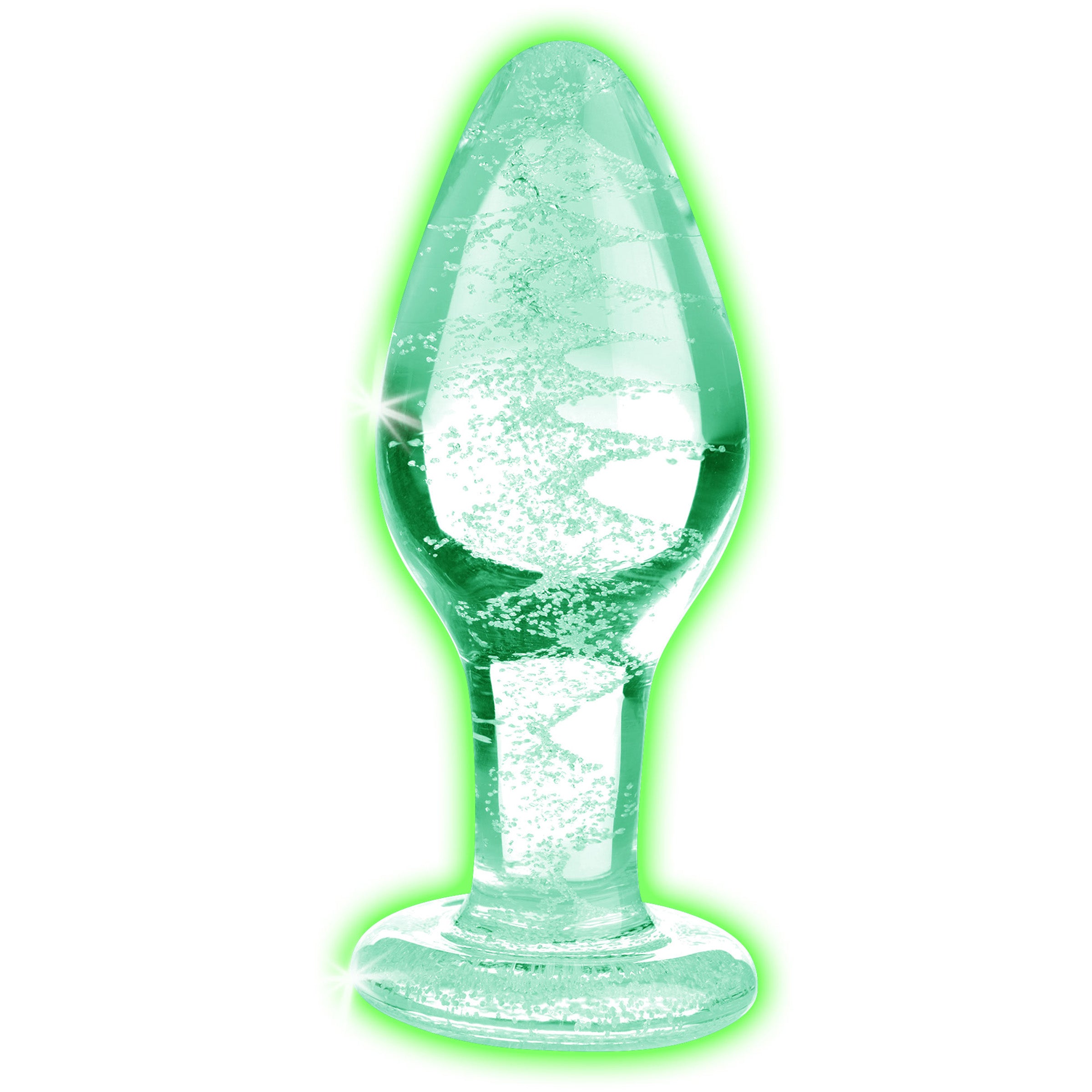 Glow-in-the-Dark Glass Anal Plug showcasing a swirling green pattern, designed for nighttime pleasure.