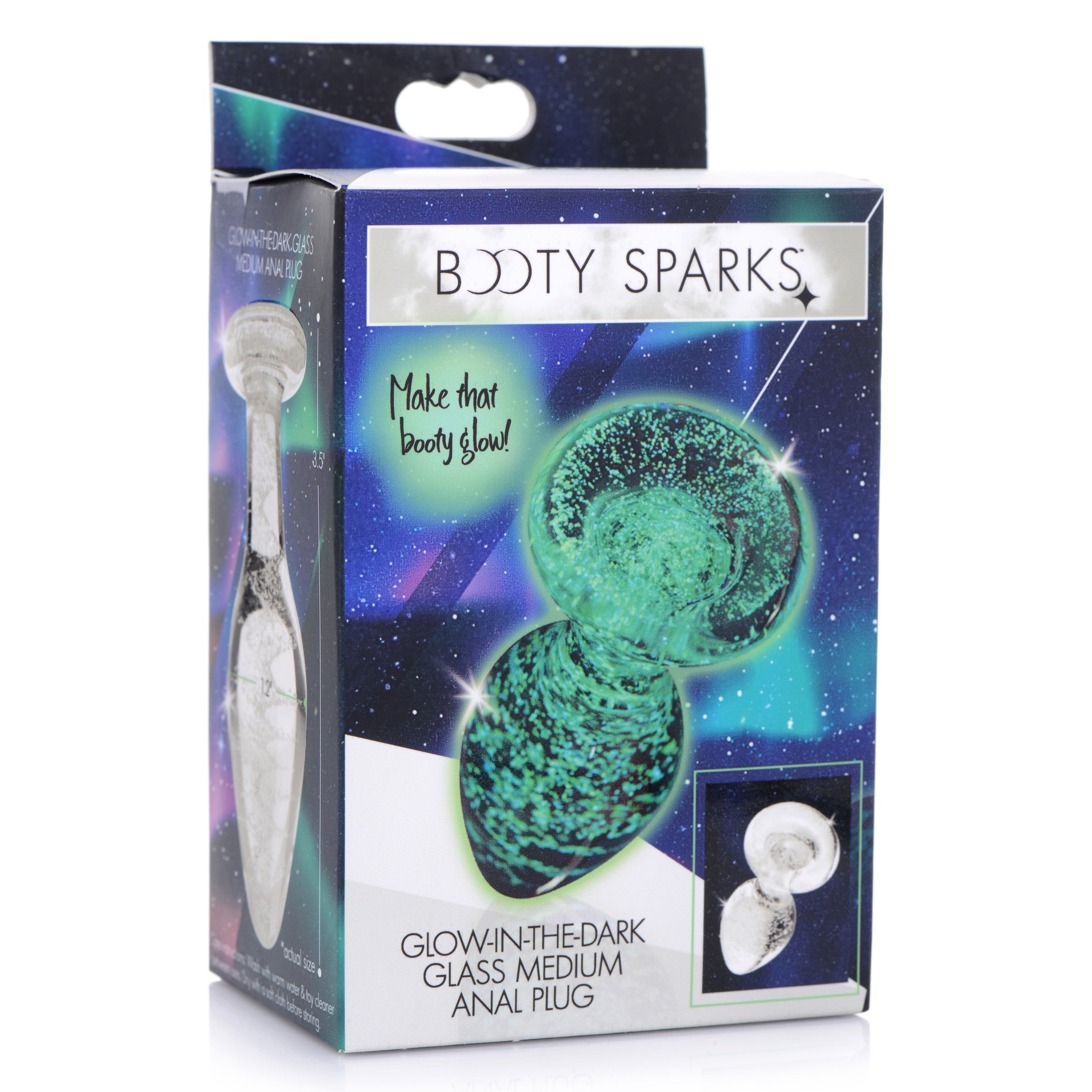 Glow-in-the-Dark Glass Anal Plug showcasing a swirling green pattern, designed for nighttime pleasure.