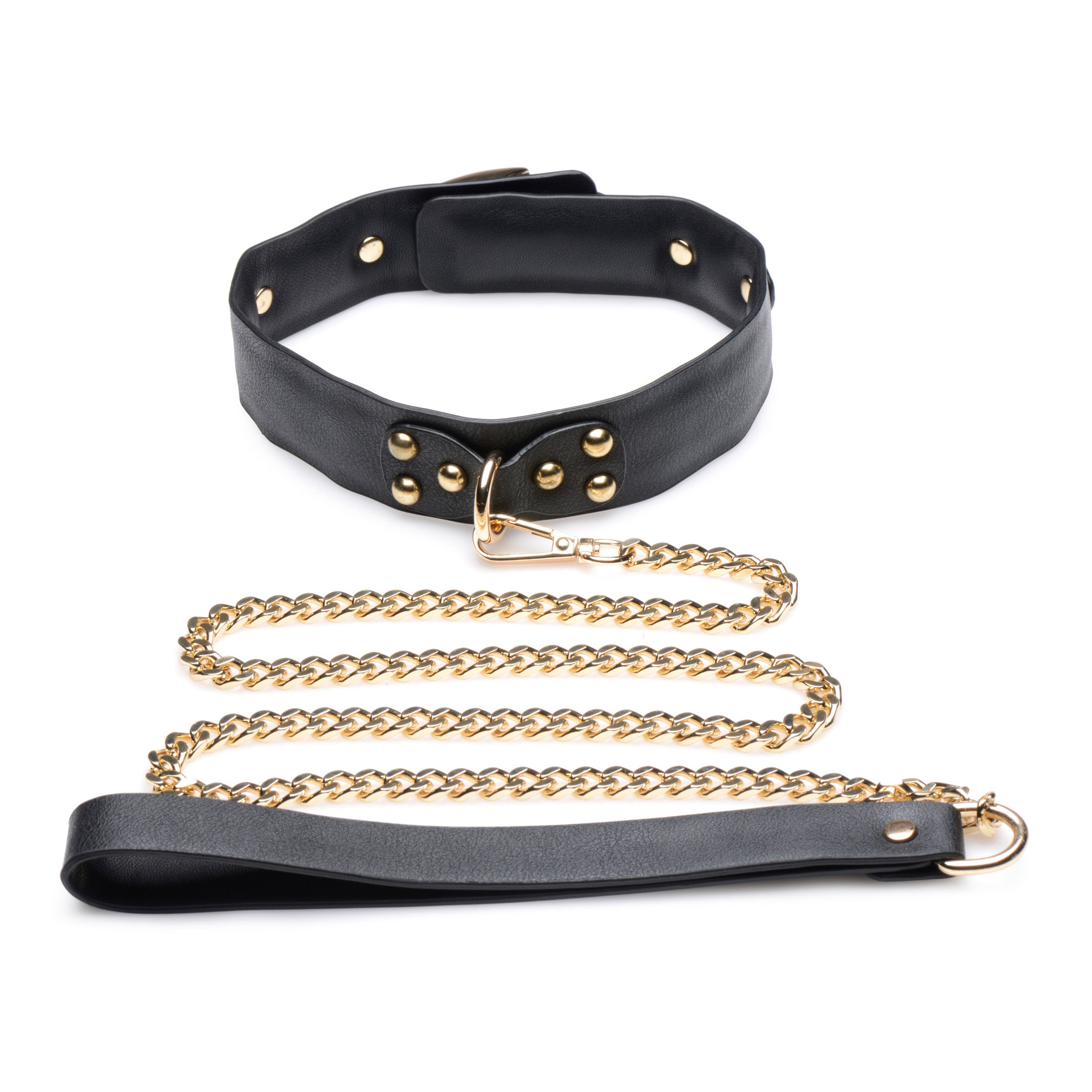 Gold Submission Bondage Kit featuring black leather cuffs, golden chains, and a blindfold, designed for BDSM play.