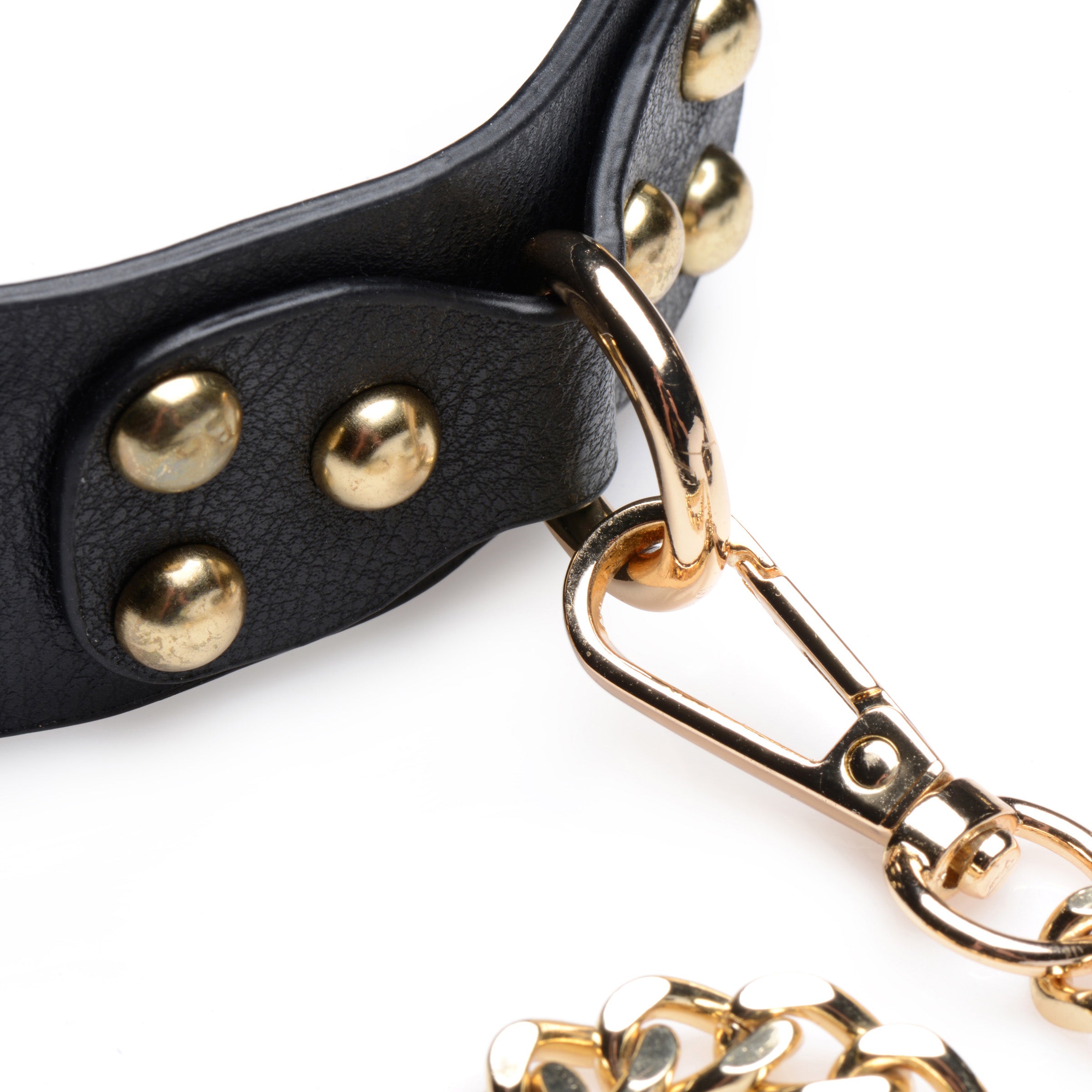 Gold Submission Bondage Kit featuring black leather cuffs, golden chains, and a blindfold, designed for BDSM play.