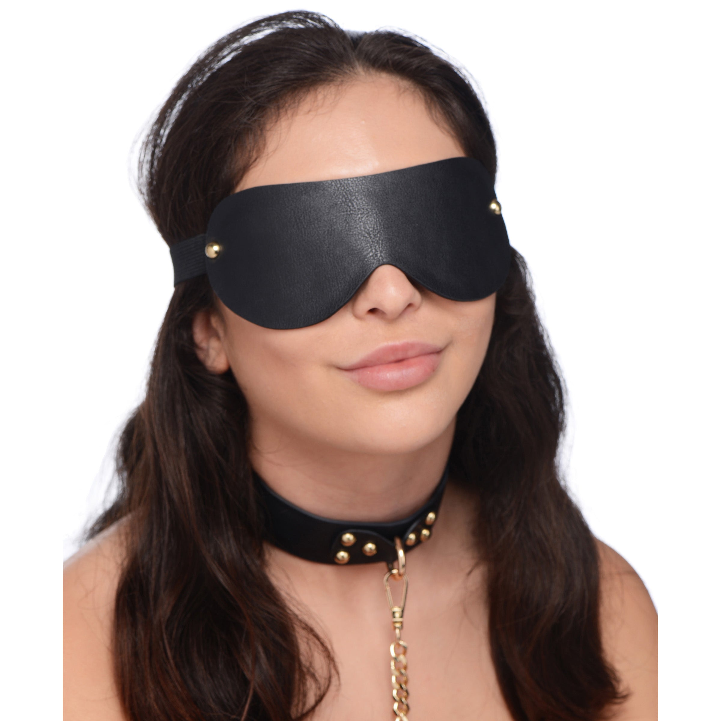 Gold Submission Bondage Kit featuring black leather cuffs, golden chains, and a blindfold, designed for BDSM play.