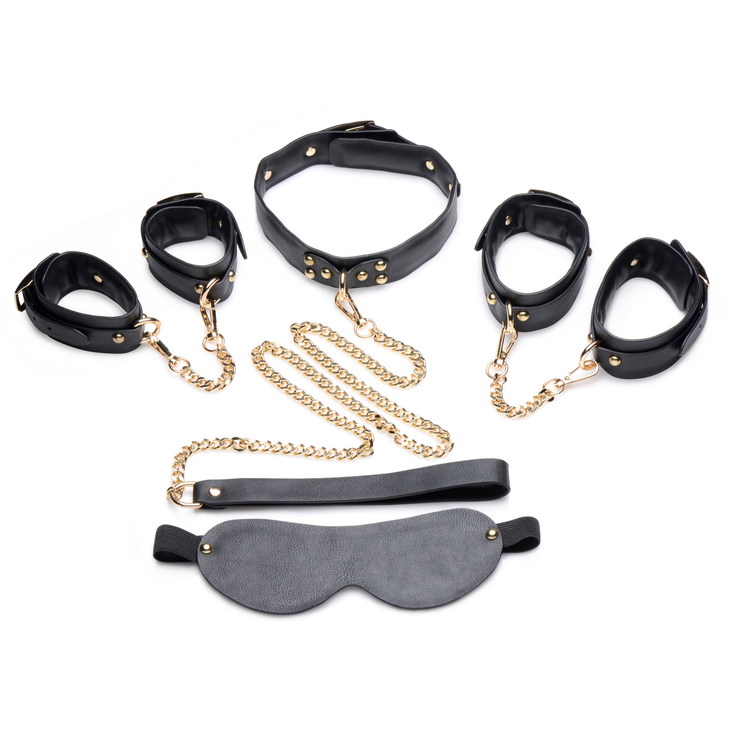 Gold Submission Bondage Kit featuring black leather cuffs, golden chains, and a blindfold, designed for BDSM play.