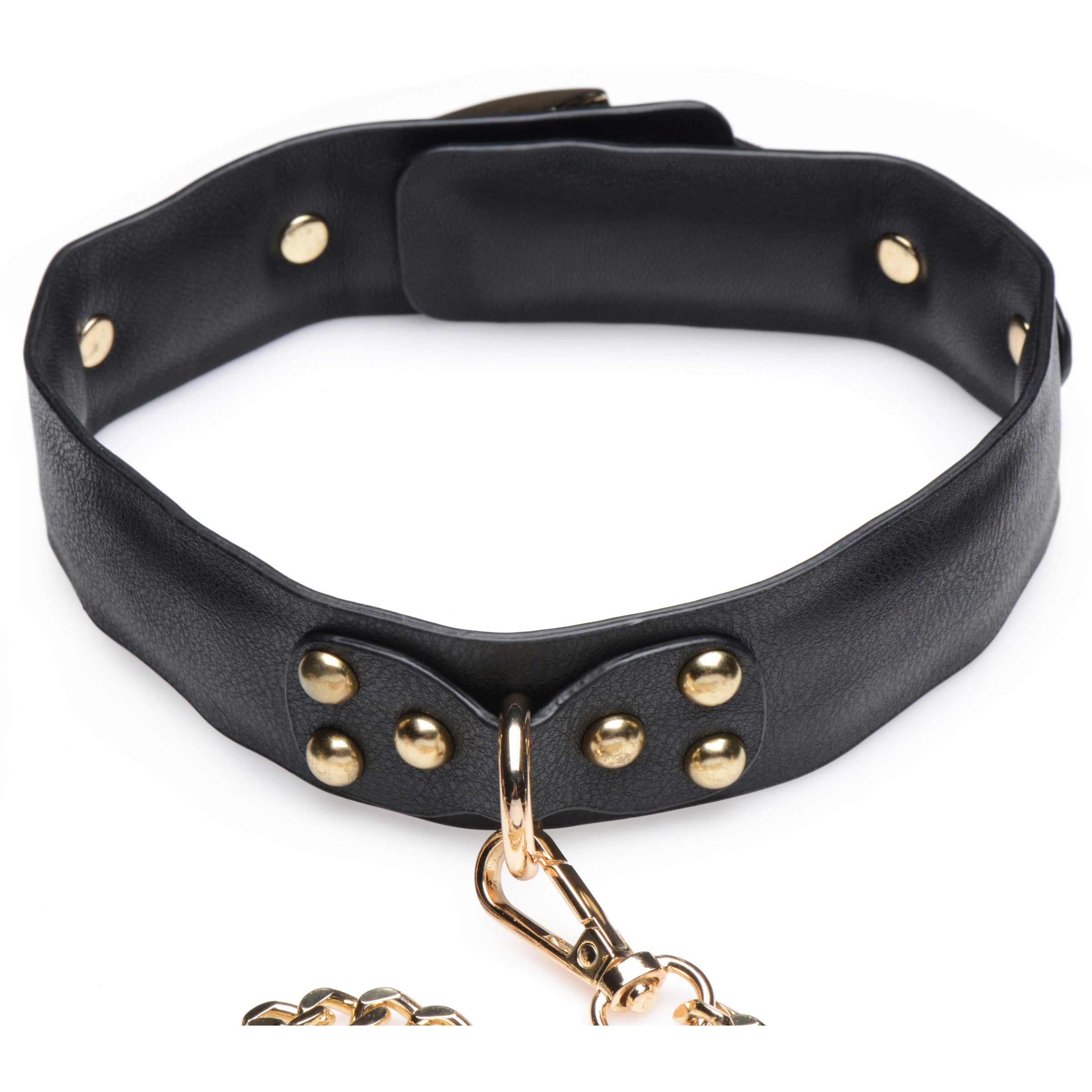 Gold Submission Bondage Kit featuring black leather cuffs, golden chains, and a blindfold, designed for BDSM play.