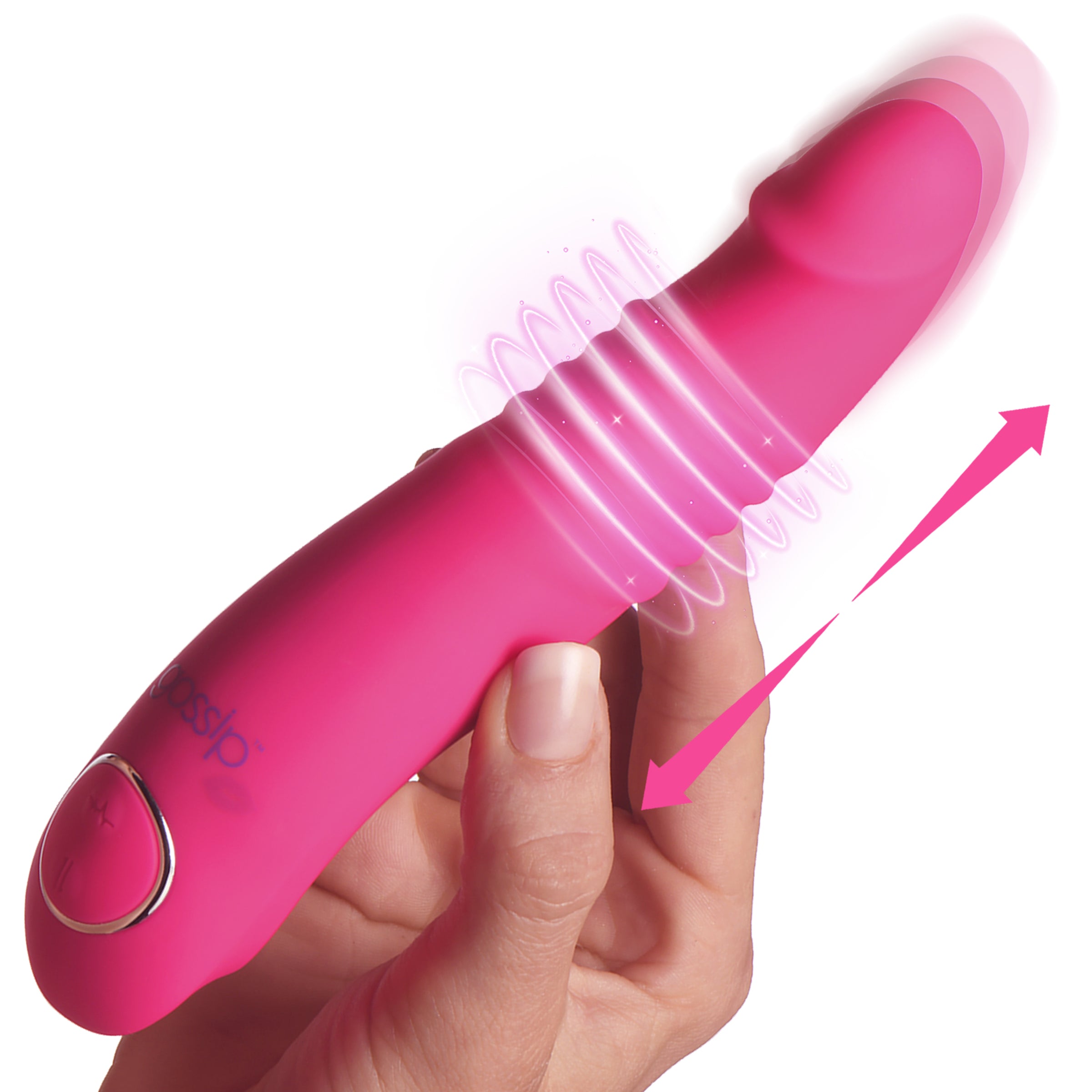 Gossip Blasters 10X Thrusting Silicone Vibrator in vibrant magenta, showcasing its curved design and textured surface for enhanced pleasure.