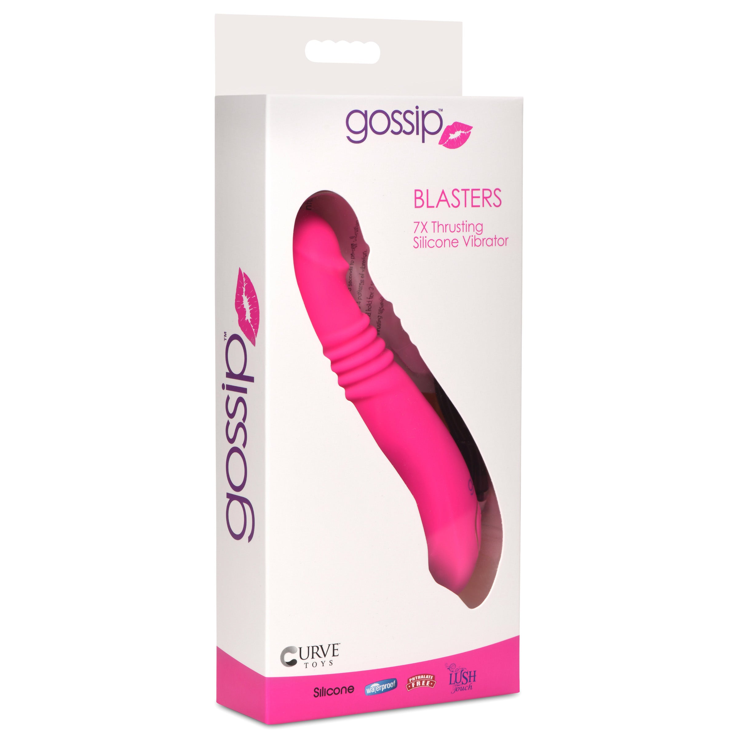 Gossip Blasters 10X Thrusting Silicone Vibrator in vibrant magenta, showcasing its curved design and textured surface for enhanced pleasure.